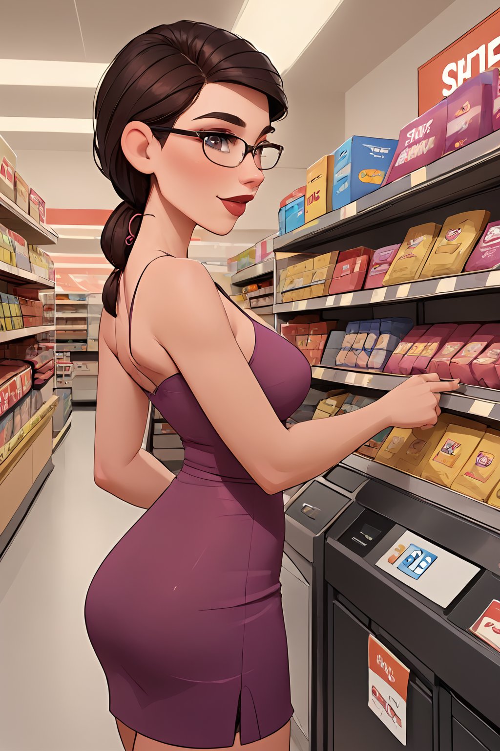 datmom score_9, score_8_up, score_8, 1girl, store cashier with glasses