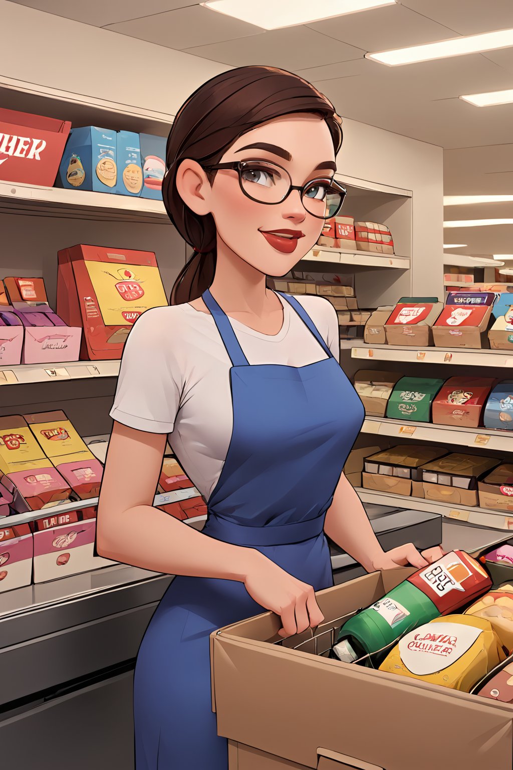 datmom score_9, score_8_up, score_8, 1girl, store cashier with glasses