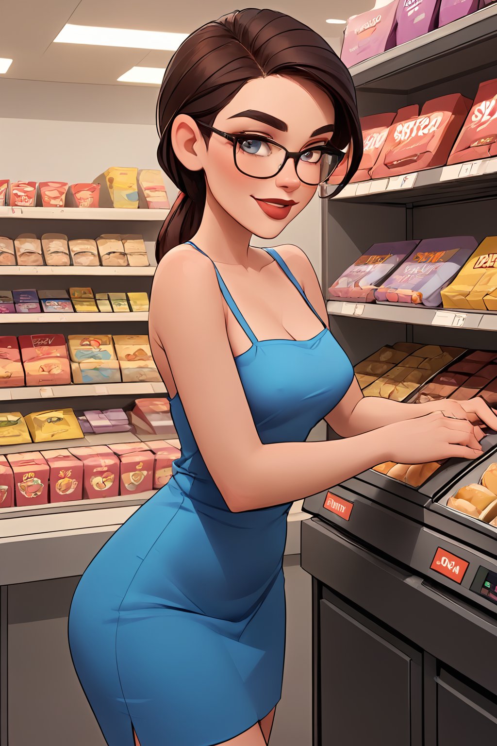 datmom score_9, score_8_up, score_8, 1girl, store cashier with glasses