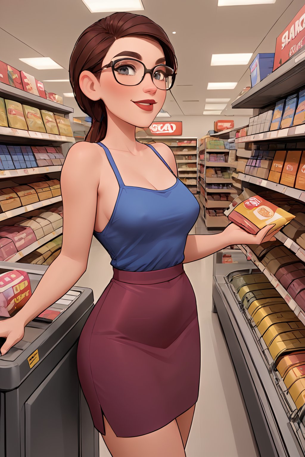 datmom score_9, score_8_up, score_8, 1girl, store cashier with glasses