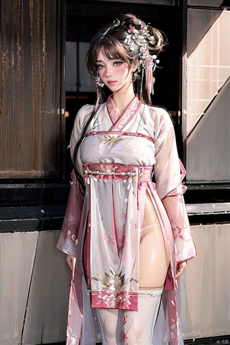  1girl, lying, bdsm, full body, standing, perfect high detailed face, high detailed eyes, blushing, hanfu, WHITE PANTYHOSE,汉服, big breast, tutubs,large breasts