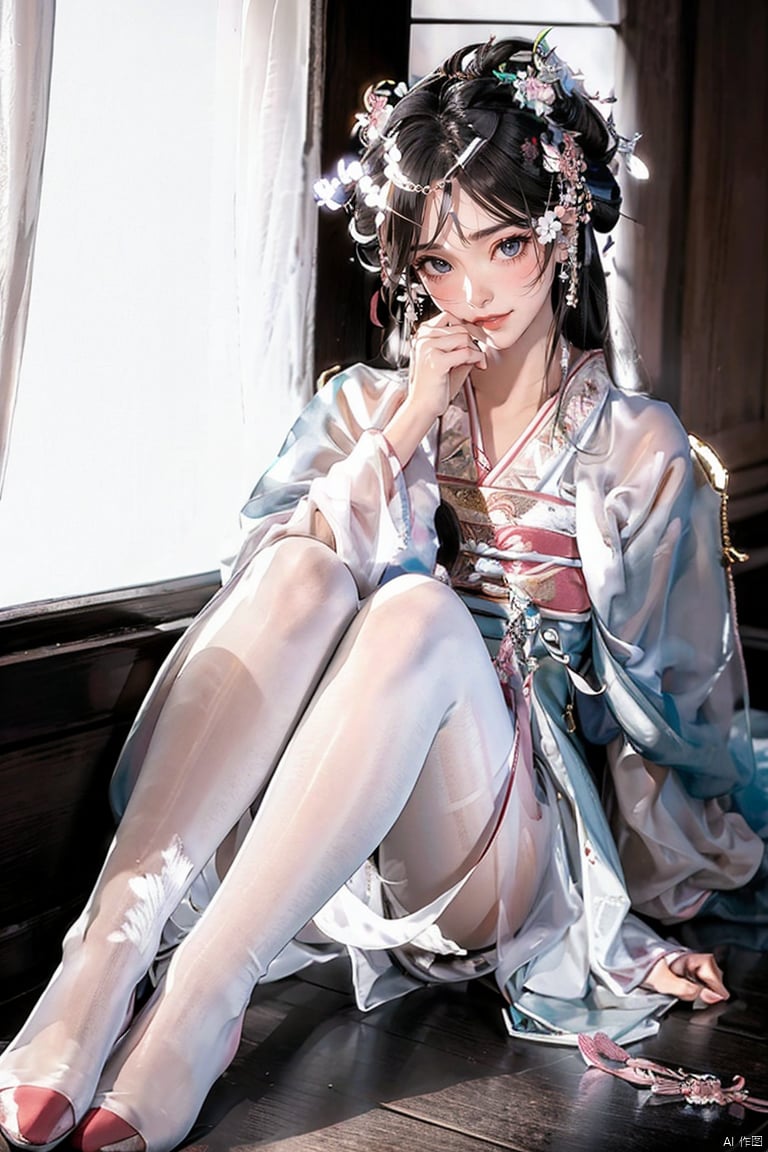  1girl, lying, bdsm, full body, perfect high detailed face, high detailed eyes, blushing, hanfu, WHITE PANTYHOSE, tutultb