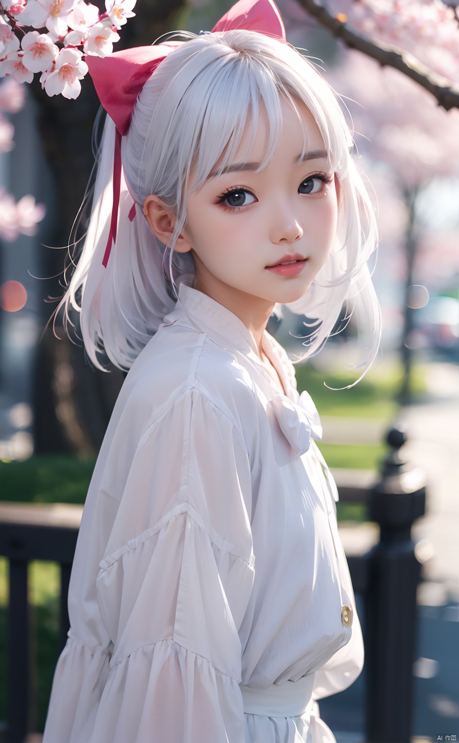 masterpiece,8k,best quality,(1girl),solo,kawaii,((depth of field)),bowknot,sakura,white hair