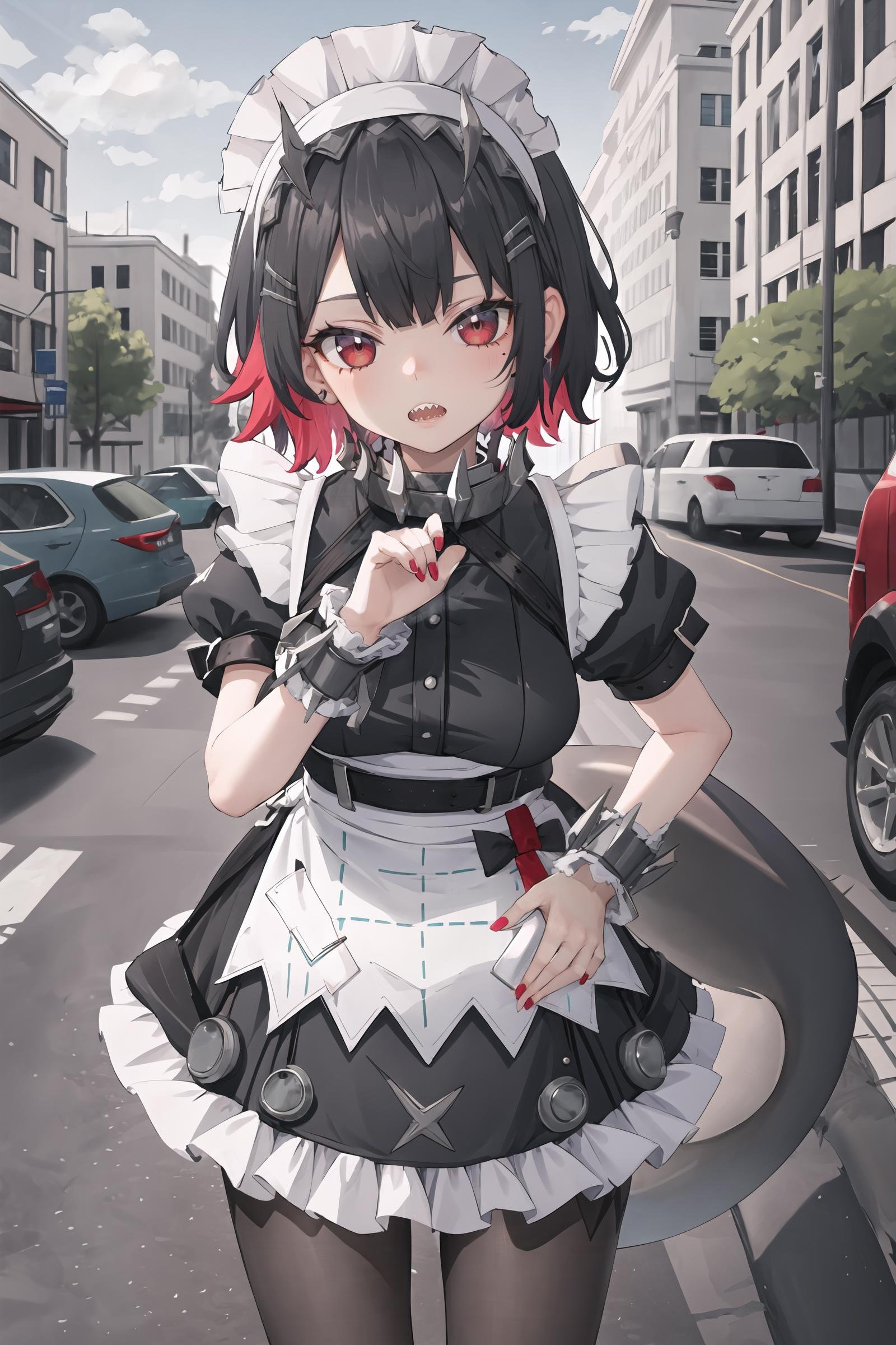 1girl, ellen joe, solo, hairclip, argyle pantyhose, red nails, maid headdress, maid apron, wrist cuffs, maid dress, shark tail, spiked collar, looking at viewer, grimace, clenched teeth, sharp teeth, hand on hip, street, outdoors, depth of field, standing, cowboy shot