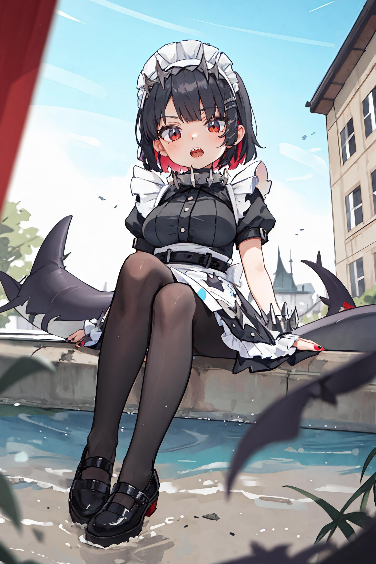 1girl, ellen joe, solo, hairclip, argyle pantyhose, red nails, black footwear, maid headdress, maid apron, wrist cuffs, maid dress, shark tail, spiked collar, looking at viewer, glaring, open mouth, sharp teeth, slit throat, ruins, outdoors, depth of field, sitting, from below, full body