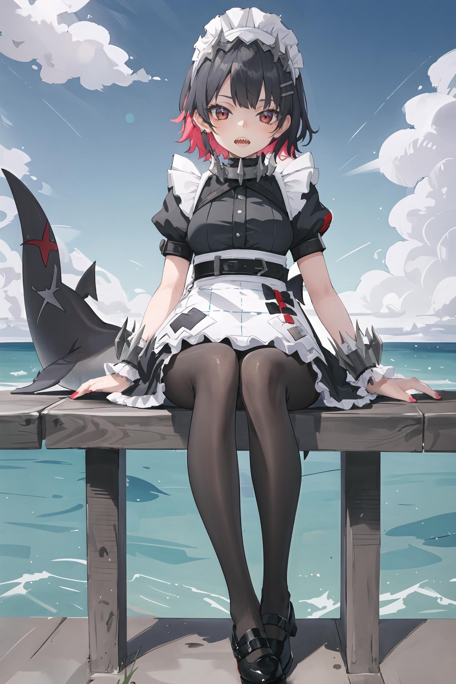 1girl, ellen joe, solo, hairclip, argyle pantyhose, red nails, black footwear, maid headdress, maid apron, wrist cuffs, maid dress, shark tail, spiked collar, looking at viewer, glaring, open mouth, sharp teeth, slit throat, ruins, outdoors, depth of field, sitting, from below, full body