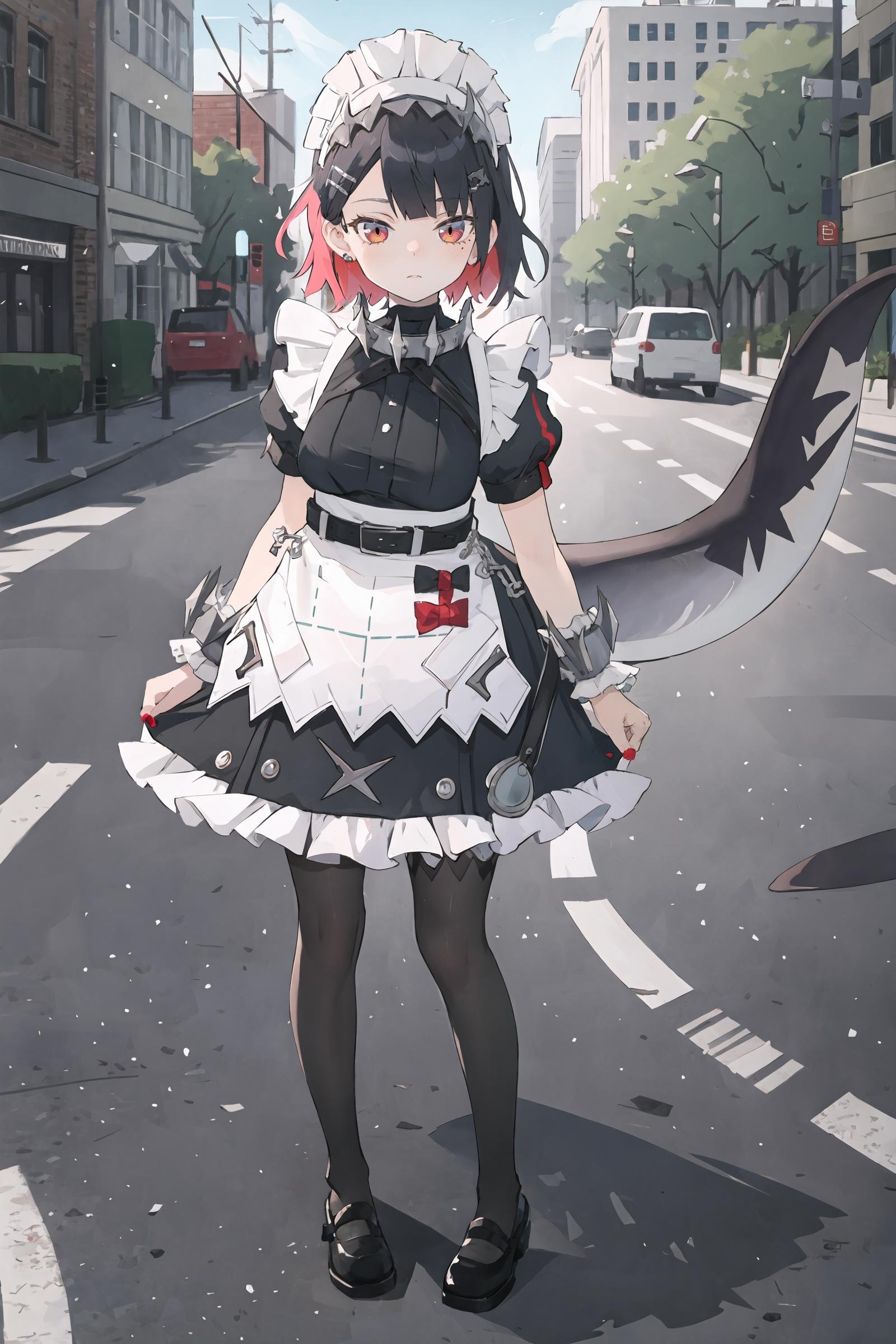 1girl, ellen joe, solo, hairclip, argyle pantyhose, red nails, black footwear, maid headdress, maid apron, wrist cuffs, maid dress, shark tail, spiked collar, looking at viewer, expressionless, street, outdoors, depth of field, standing, full body