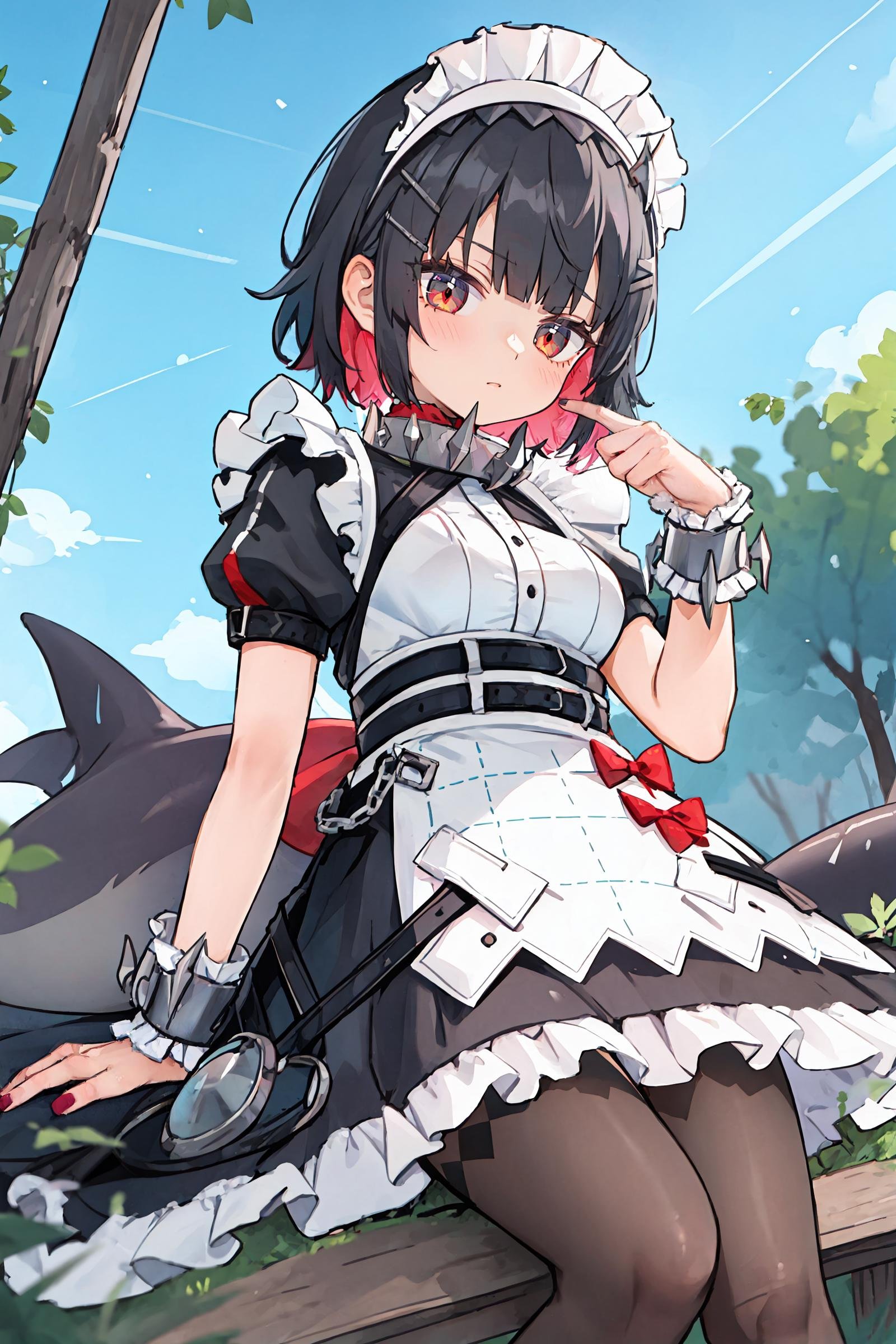 1girl, ellen joe, solo, hairclip, argyle pantyhose, red nails, maid headdress, maid apron, wrist cuffs, maid dress, shark tail, spiked collar, looking at viewer, glaring, thumbs down, ruins, outdoors, depth of field, sitting, from below, cowboy shot