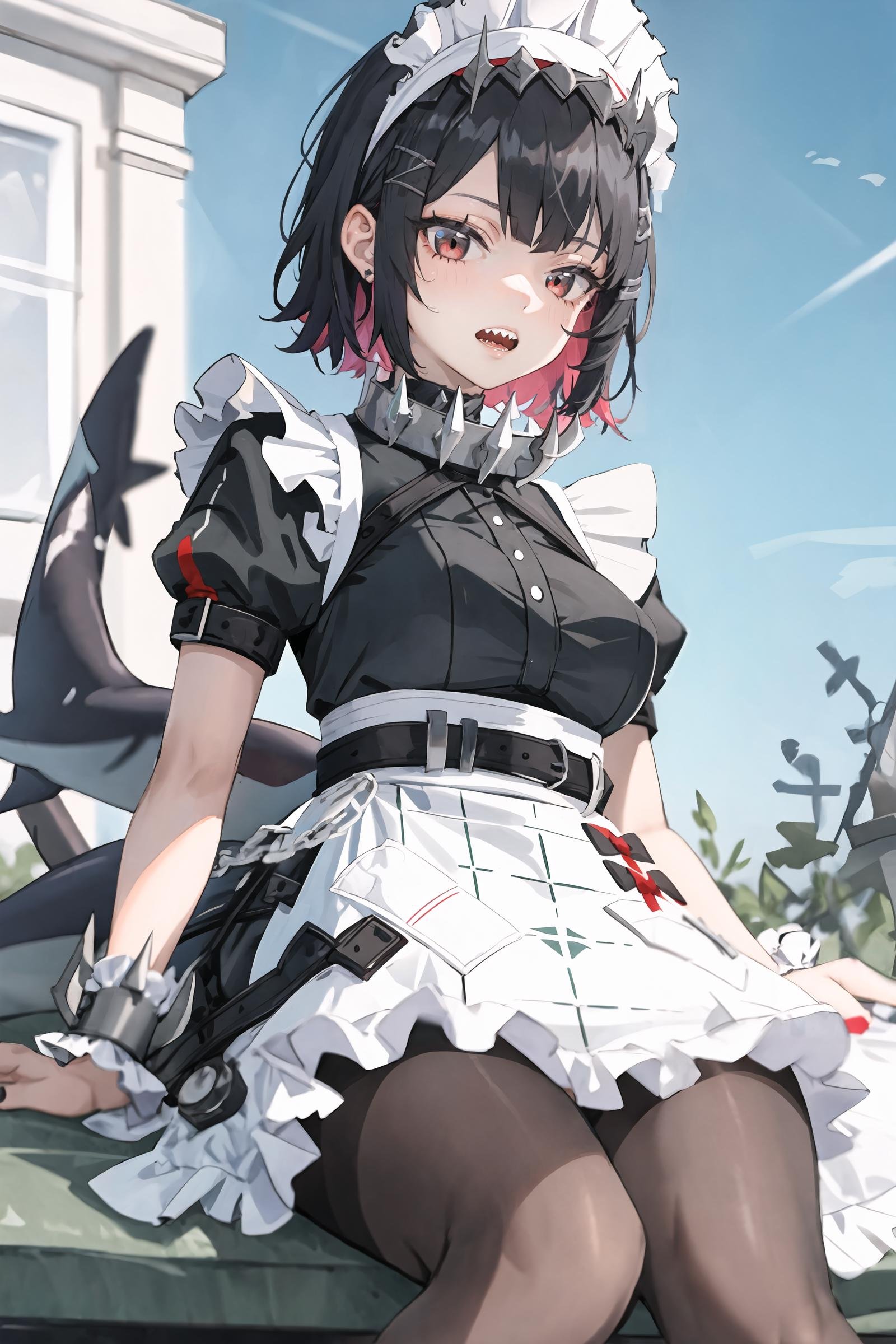 1girl, ellen joe, solo, hairclip, argyle pantyhose, red nails, maid headdress, maid apron, wrist cuffs, maid dress, shark tail, spiked collar, looking at viewer, glaring, open mouth, sharp teeth, slit throat, ruins, outdoors, depth of field, sitting, from below, cowboy shot