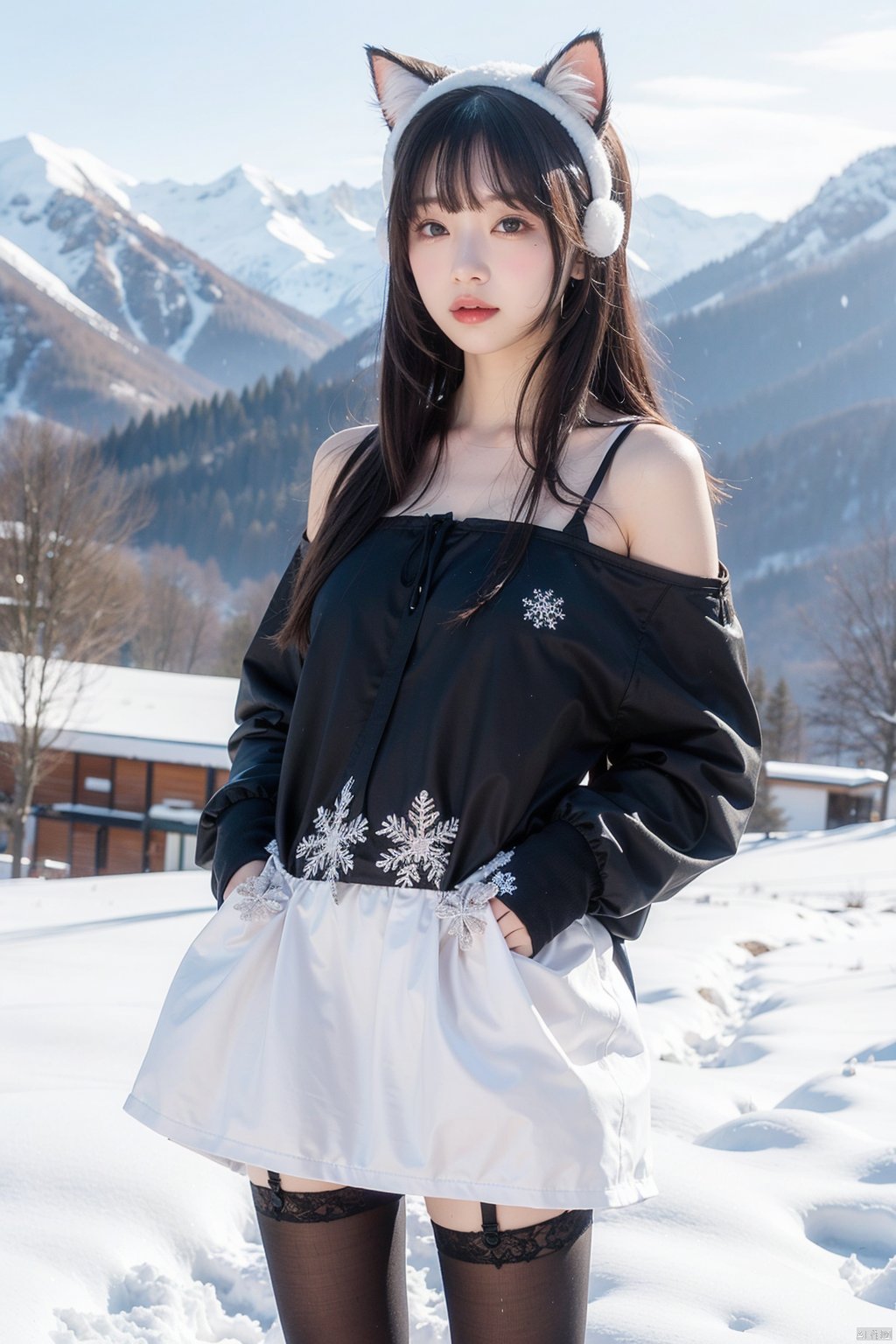  1 girl, Bangs,Black silk stockings,lace,dress,outdoor,snow mountain,snowflake,cat ear headdress