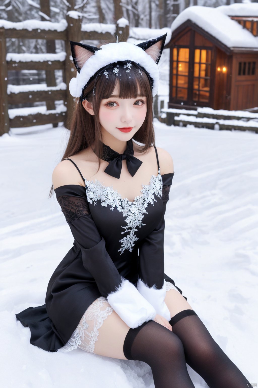 1 girl, Bangs,Black silk stockings,lace,dress,outdoor,snow mountain,snowflake,cat ear headdress