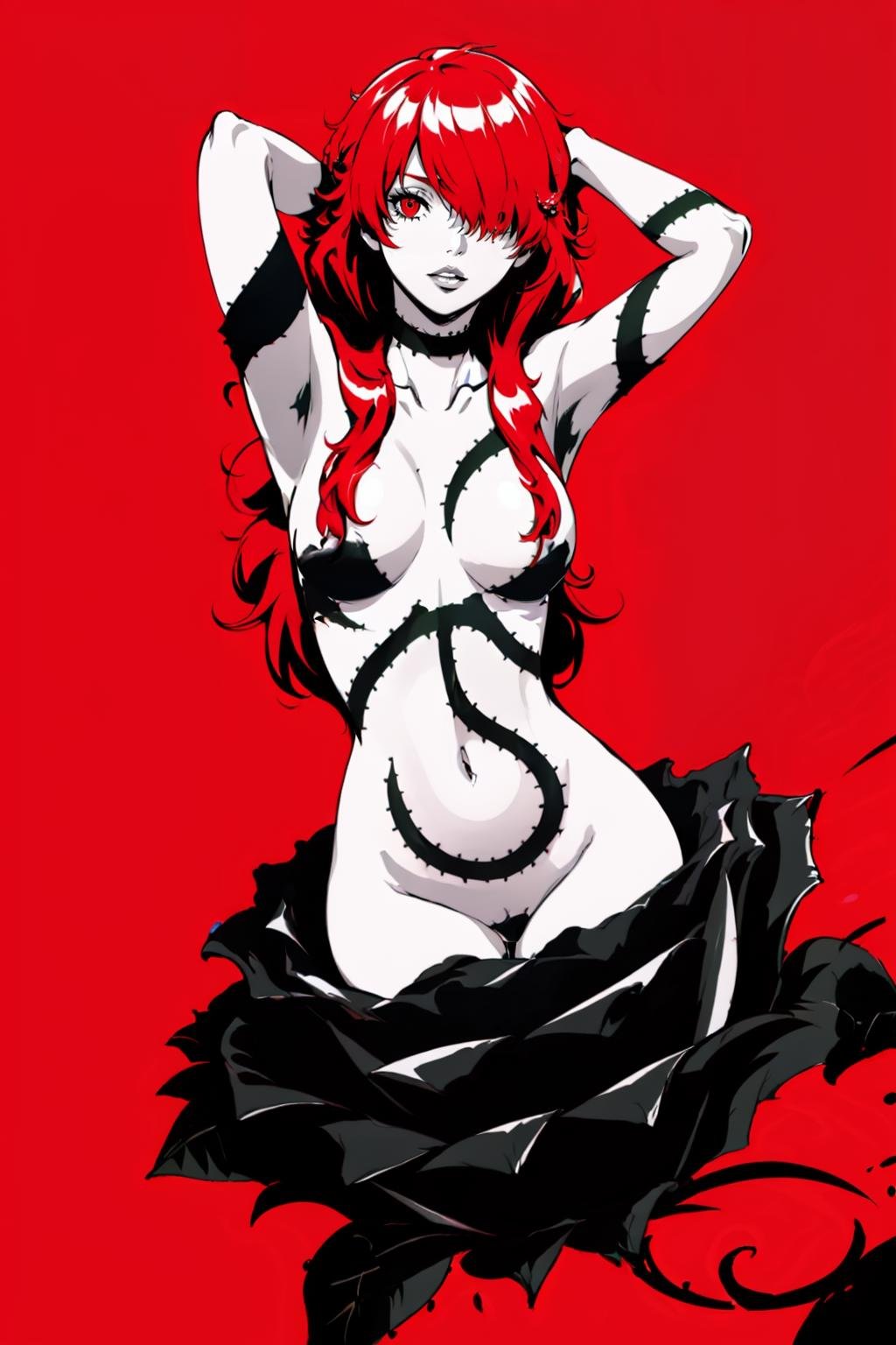 masterpiece, 1girl, solo, parted lips, looking at viewer, <lora:AlrauneSH:0.9> alrauneSH, long hair, hair over one eye, red eyes, plant girl, vines, thorns, flower, black rose, navel, hair over breasts, convenient censoring, <lora:persona_style:0.5> red background, monochrome