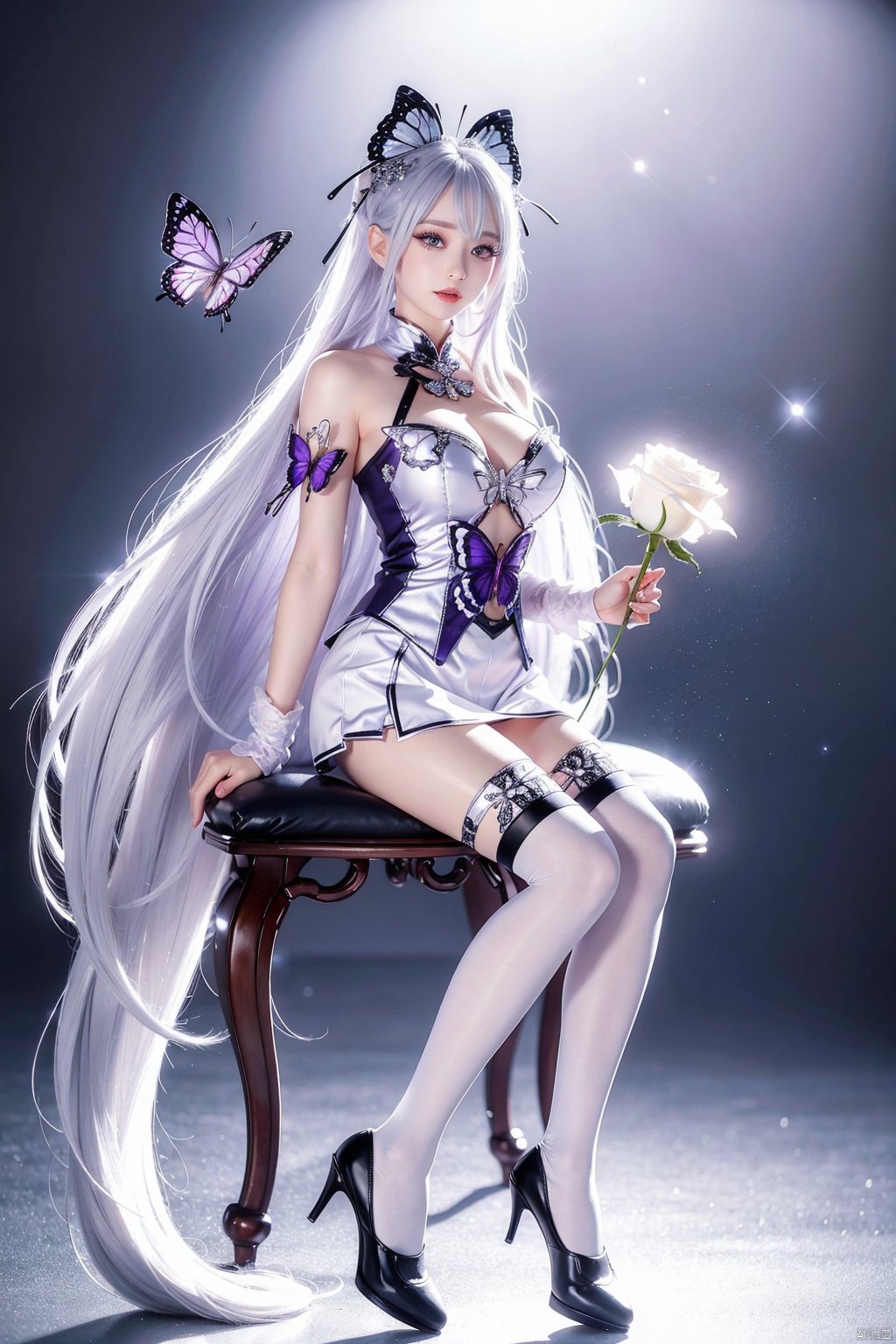 Silver Hair,crystal hair, Butterfly,Long white hair,8k wallpaper,Detailed background,Maximum resolution,Drawstring,Chies,purple Rose,Tight Fit,High socks,stocking