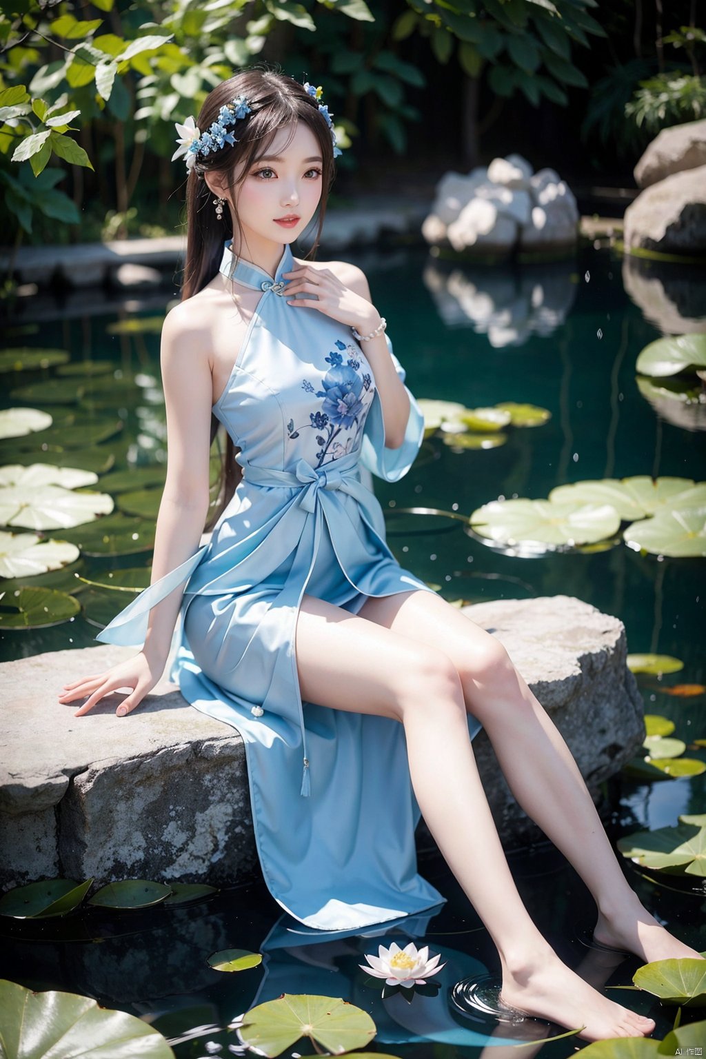 There is a blue skirt, 16 Long Legs, A woman sitting on a rock in the water, Standing gracefully on the lotus, Ethereal Beauty, Wearing blue cheongsam, court, Girl wearing Hanfu, Wearing blue cheongsam, Full of fairy atmosphere, In the pond, White Hanfu, A stunning young ethereal figure, floating dress, Light Blue, hair behind ears