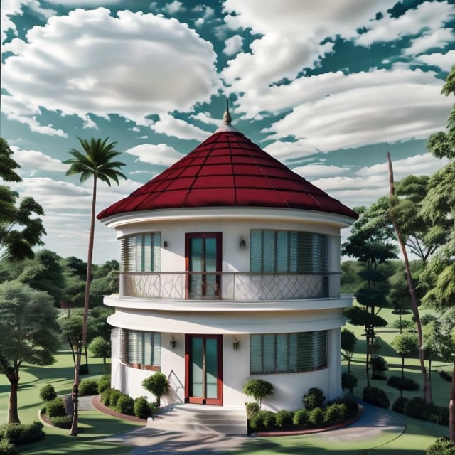 A round house, 2 floors, Conical ((((red)))) tile roof ,  in the middle of a green space, masterpiece, details, wonderful architectural image, brown door, blue glasses, white wall, black stell upstairs,Wonder of Art and Beauty, raw photo, masterpieces ,Round house,bird 's-eye view