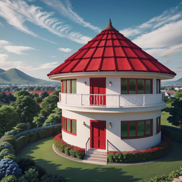 A round house, 2 floors, Conical ((((red)))) tile roof ,  in the middle of a green space, masterpiece, details, wonderful architectural image, brown door, blue glasses, white wall, black stell upstairs,Wonder of Art and Beauty, raw photo, masterpieces ,Round house