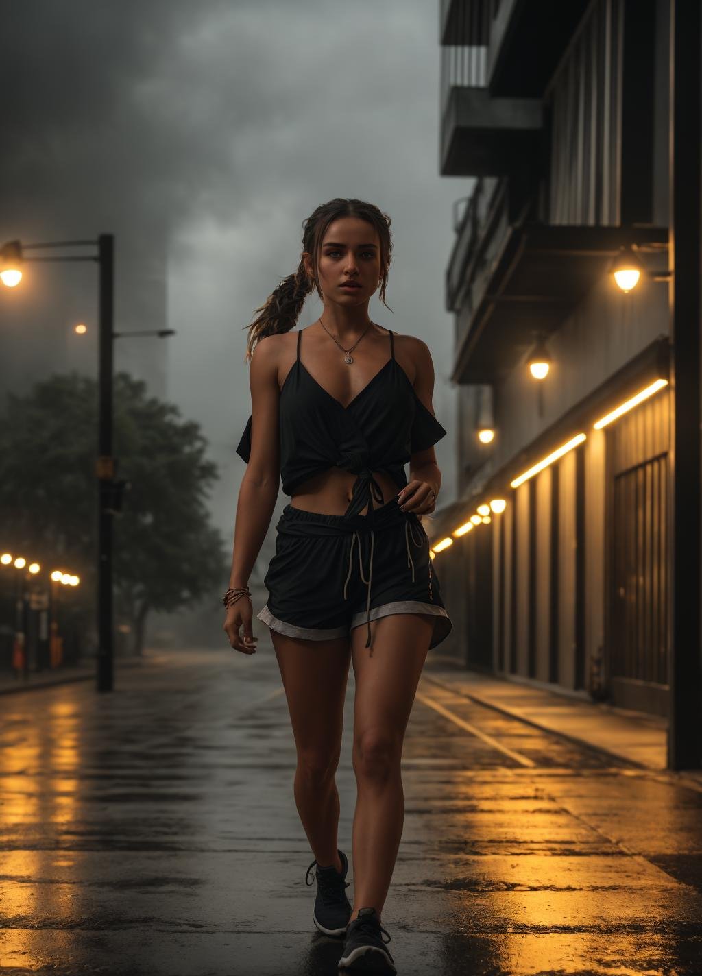 <lora:@ubrey_Spektor:1> @ubrey_spektor, 1girl, wearing black runners shorts and a (loose fitting low cut spaghetti strap tied shirt:1.2). (sexy perky breasts:1.1), Hair is in a low pony tail. Walking on running track. Cloudy day, drizzling rain, fog, street lights flickering, 35mm photograph, film, bokeh, professional, 4k, highly detailed dynamic lighting, photorealistic, 8k, raw, rich, intricate details, key visual, vivid colors