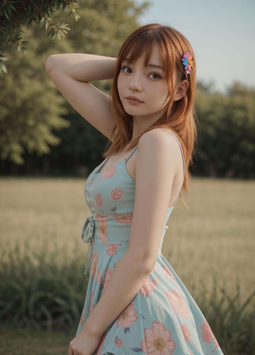 <lora:@lisa Pik@_64:0.8> @lisa pik@_64, with rainbow hair lying in a field, wearing a floral print milkmaid dress, busty, perfect eyes, highly detailed beautiful expressive eyes, detailed eyes, rainbow, (highly detailed skin:1.1), professional photoshoot, distance view, (wide angle view:1.4), Intricate details, RAW, analog style, sharp focus, 8k, high resolution, canon dslr, 35mm photograph, film, bokeh, professional, 4k, highly detailed dynamic lighting, photorealistic, 8k, raw, rich, intricate details, key visual, vivid colors