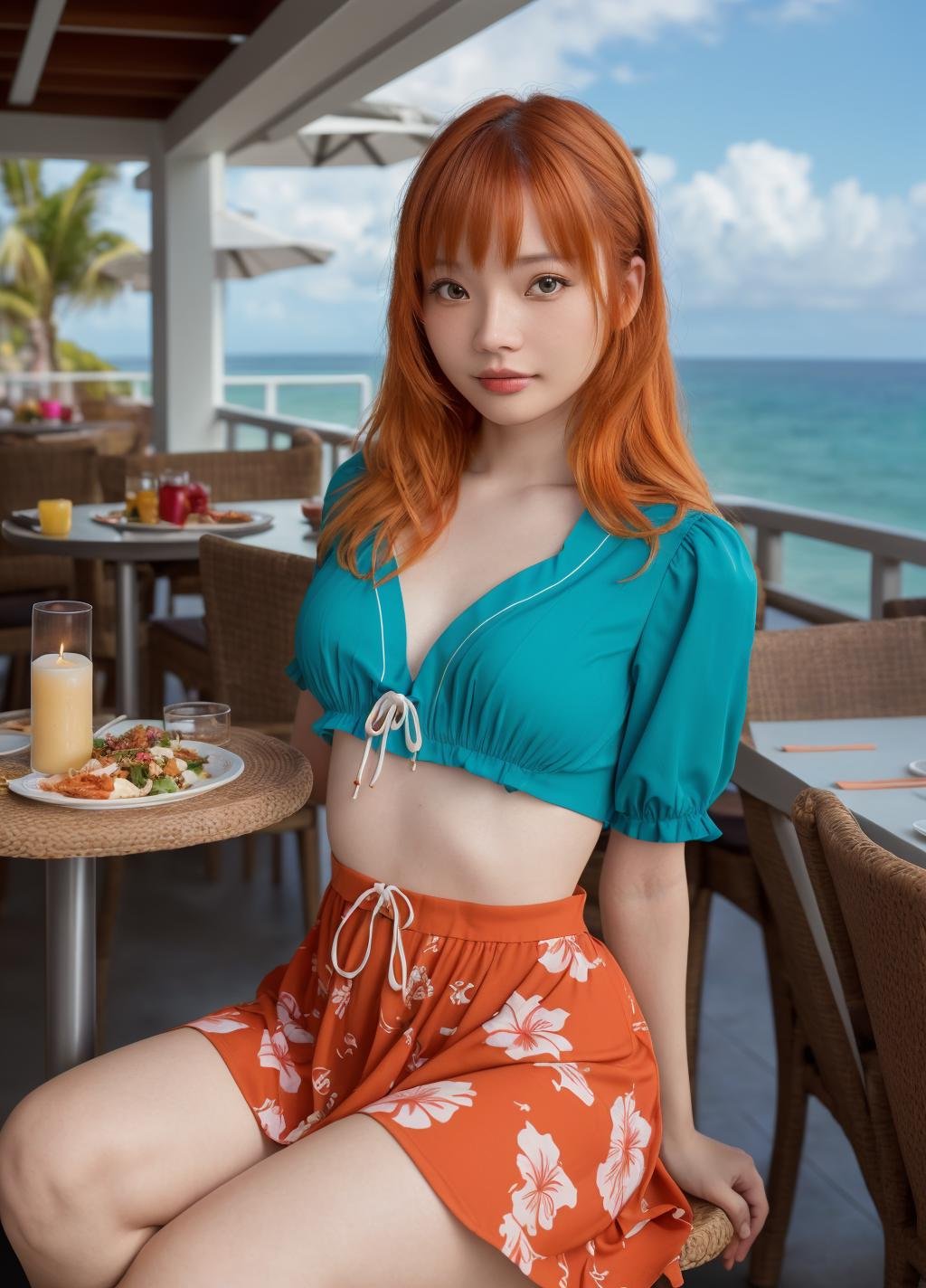 <lora:@lisa Pik@_64:0.8> @lisa pik@_64, in an outdoor restaurant overlooking the ocean, table has food and drinks, candles, vibrant colors, she is styling with a Hawaiian dress, detailed expressive eyes, bright mood lighting, (8k, RAW photo, best quality, depth of field, ultra high res:1.2), (intricate, photorealistic, masterpiece, ultra-detailed), dynamic lighting