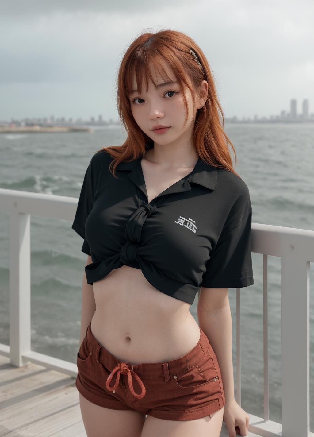 <lora:@lisa Pik@_64:0.8> @lisa pik@_64, 1girl, wearing runners shorts and a (loose fitting tied cropped shirt:1.2). perky breasts, Hair is tied back. walking on a desolate pier overlooking the ocean. Cloudy day, drizzling rain, fog, overhead lights flickering, 35mm photograph, film, bokeh, professional, 4k, highly detailed dynamic lighting, photorealistic, 8k, raw, rich, intricate details, key visual, vivid colors, upper body photo