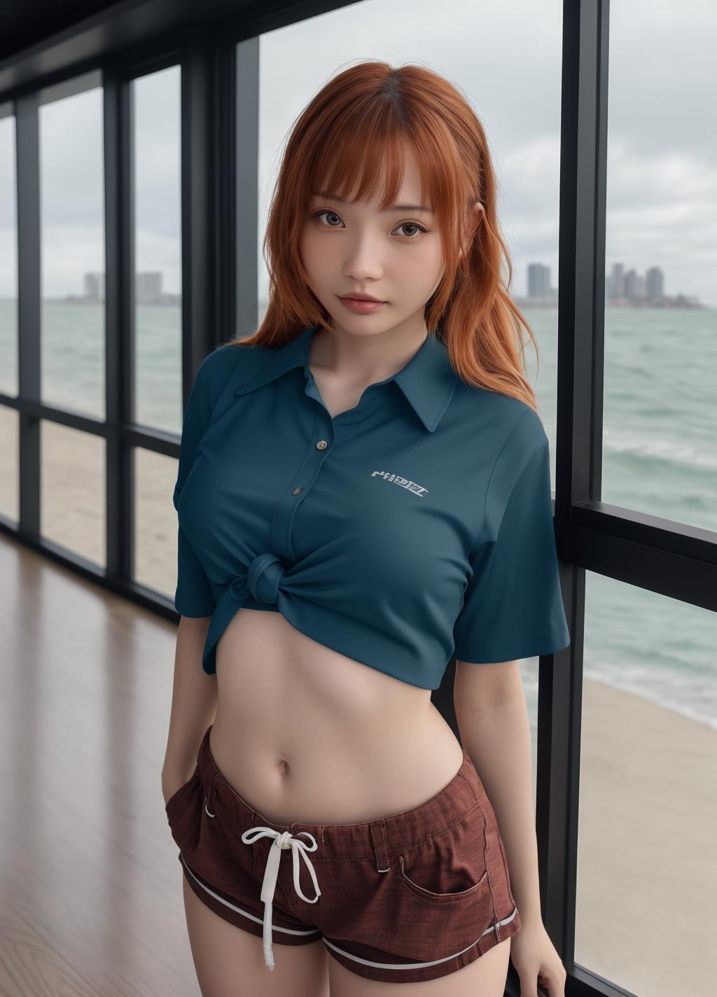 <lora:@lisa Pik@_64:0.8> @lisa pik@_64, 1girl, wearing runners shorts and a (loose fitting tied cropped shirt:1.2). perky breasts, Hair is tied back. walking on a desolate pier overlooking the ocean. Cloudy day, drizzling rain, fog, overhead lights flickering, 35mm photograph, film, bokeh, professional, 4k, highly detailed dynamic lighting, photorealistic, 8k, raw, rich, intricate details, key visual, vivid colors, upper body photo