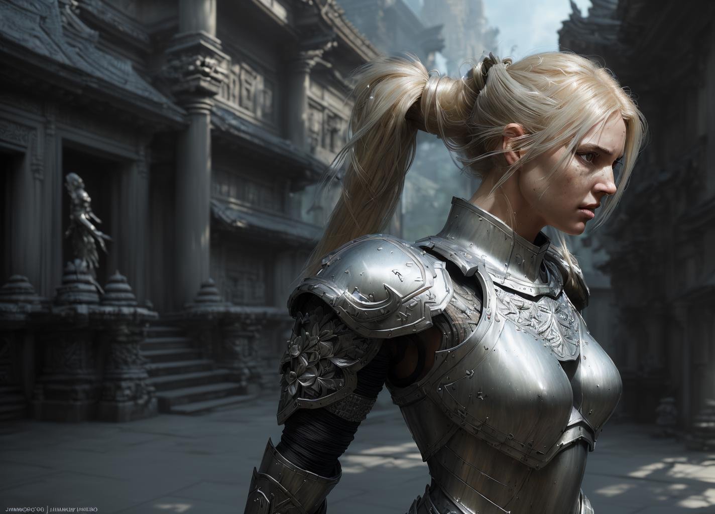 full body, walking pose, slow motion, female paladin wearing full body (light silver armour:1.2) , (insanely detailed, bloom:1.5) , (highest quality, Alessandro Casagrande, Greg Rutkowski, Sally Mann, concept art, 4k) , (analog:1.2) , (high sharpness) , (detailed pupils:1.1) , (painting:1.1) , (digital painting:1.1) , detailed face and eyes, Masterpiece, best quality, (highly detailed photo:1.1) , 8k, photorealistic, (long blonde Hair, ponytail haircut, ecstatic:1.1) , (young woman:1.1) , By jeremy mann, by sandra chevrier, by maciej kuciara, sharp, (perfect body:1.1) , realistic, real shadow, 3d, (temple background:1.2) , (by Michelangelo)