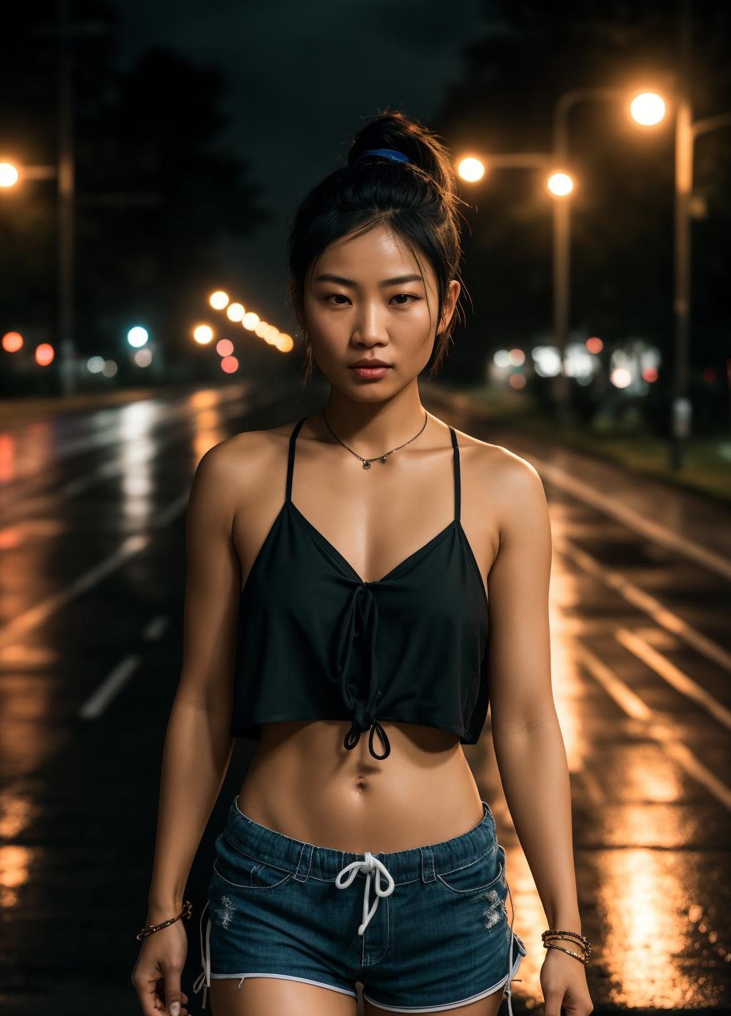 One asian woman,, 1girl, wearing black runners shorts and a (loose fitting low cut spaghetti strap tied shirt:1.2). (sexy perky breasts:1.1), Hair is in a low pony tail. Walking on running track. Cloudy day, drizzling rain, fog, street lights flickering, 35mm photograph, film, bokeh, professional, 4k, highly detailed dynamic lighting, photorealistic, 8k, raw, rich, intricate details, key visual, vivid colors