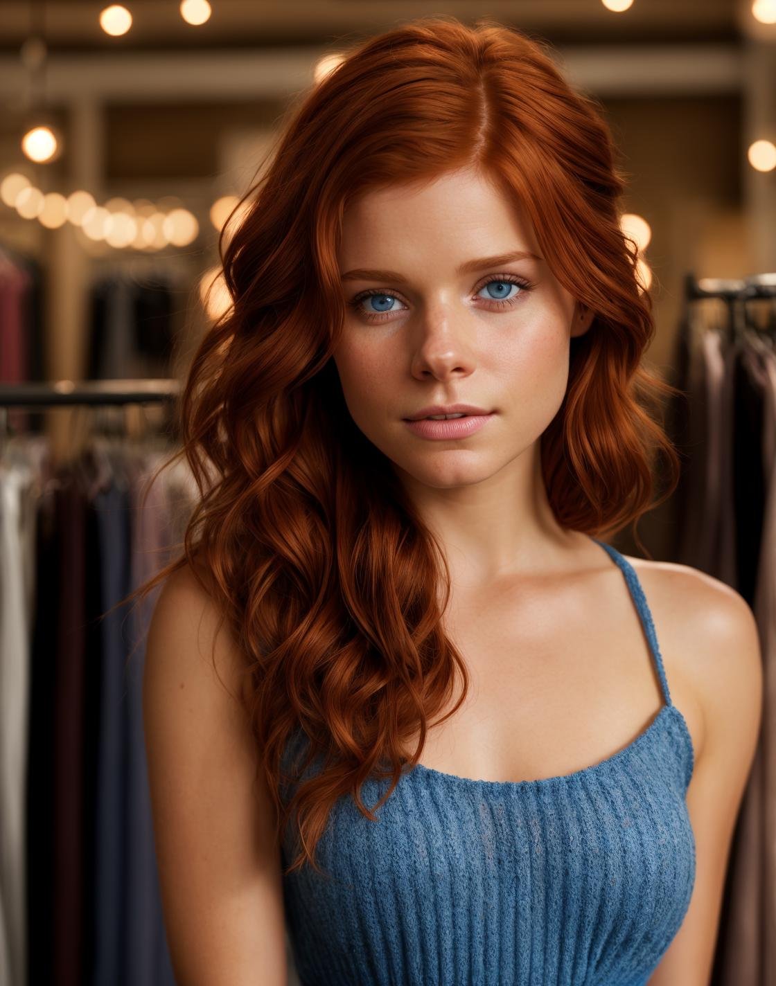 red-ish auburn hair, blue eyes,looks like a young kate mara, 1girl, cute model, Long thick Maxi Skirt, Knit tube top, swept back hair, alluring smile, working at a clothing store, perfect eyes, highly detailed beautiful expressive eyes, detailed eyes, 35mm photograph, film, bokeh, professional, 4k, highly detailed dynamic lighting, photorealistic, 8k, raw, rich, intricate details,