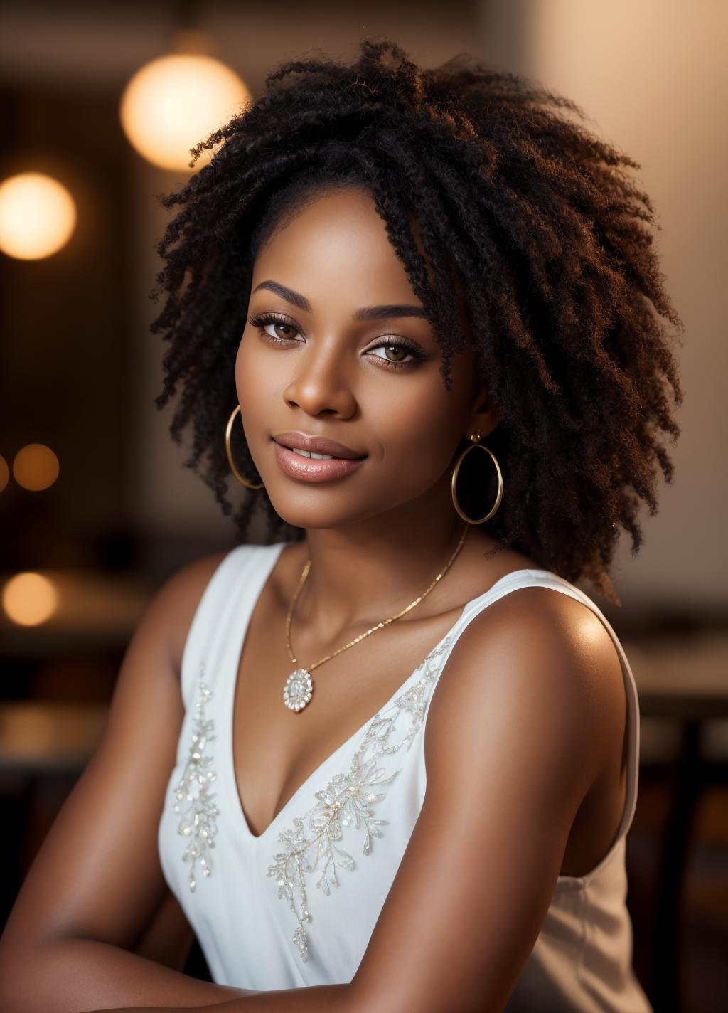 One black woman,, professional head shot, leans on a table in a restaurant, perfect eyes, highly detailed beautiful expressive eyes, detailed eyes, glamorous hair, perfection gorgeous smile, light makeup, wearing a v-neck top, good atmosphere. large depth of field, deep depth of field, , (8k, RAW photo, best quality, depth of field, ultra high res:1.2), intricate, photorealistic, masterpiece, ultra-detailed), crisp, vivid lighting