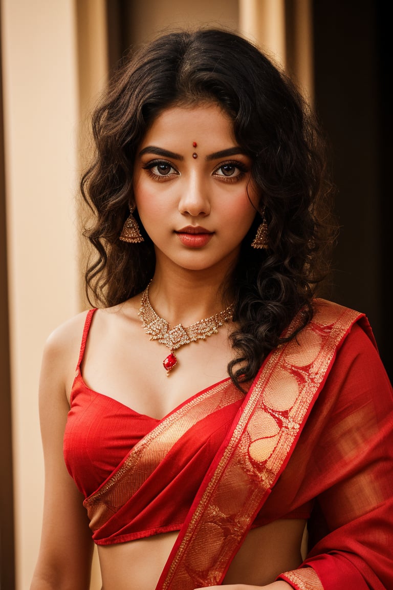 Curly hair, Raw photo of (25yo Beautiful young woman:1.1) (best quality, highres, ultra-detailed:1.2), vibrant colors, glowing dimond, glowing eyes, realistic Raw photo, realistic lighting, traditional Red saree,  exotic beauty, mesmerizing eyes, girl,slim fit,Curly hair women