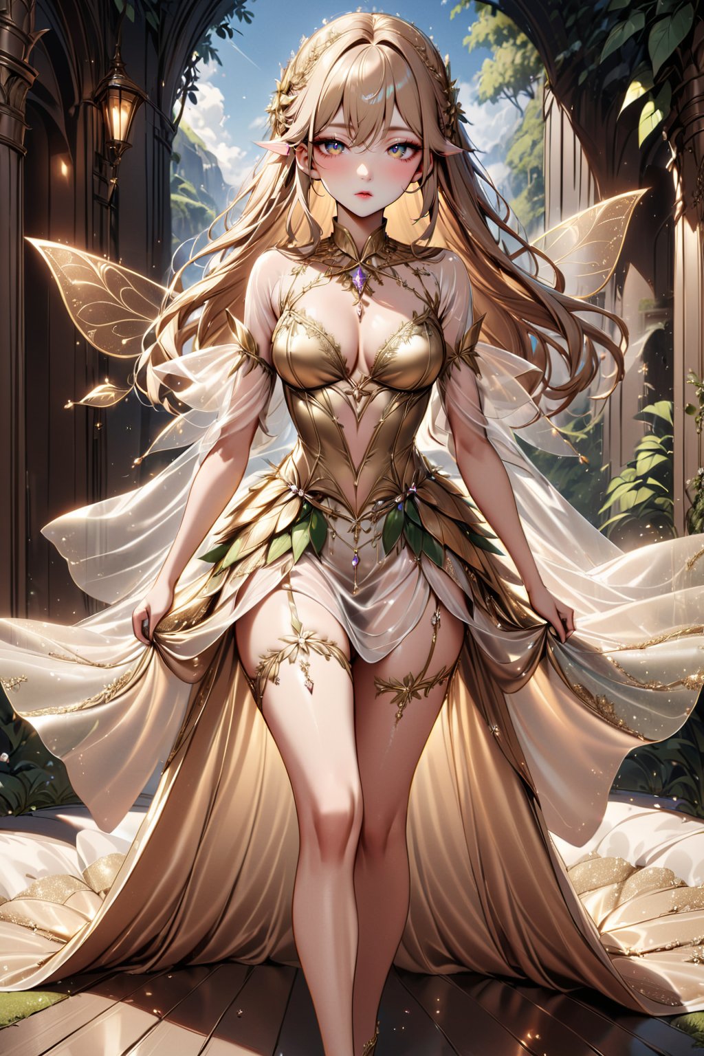 breathtaking beautiful woman wearing a Satin Sheets Gold (fairy dress) , Striding . award-winning, professional, highly detailed