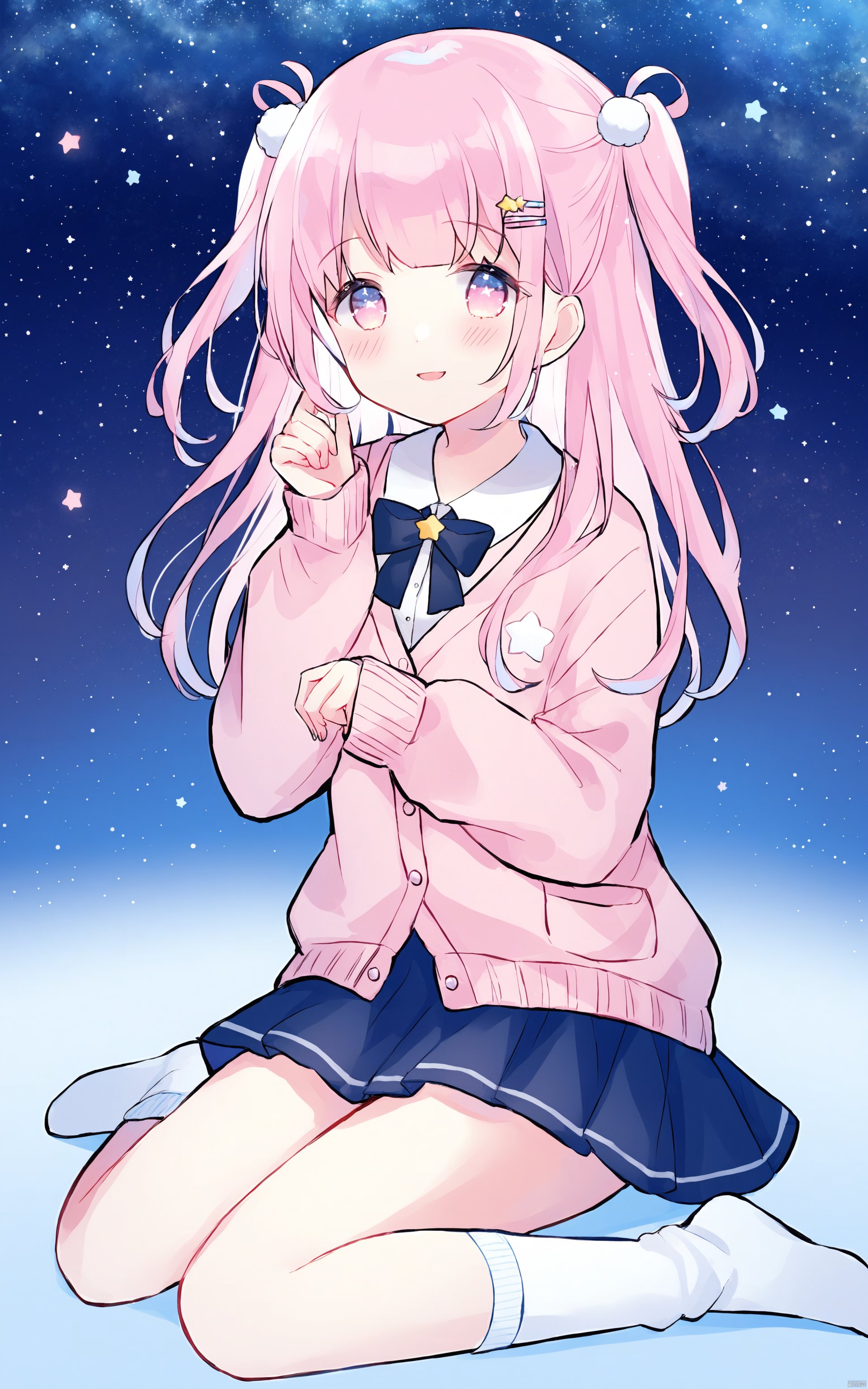 1girl, star \(sky\), solo, sky, starry sky, pink hair, smile, skirt, long hair, hair ornament, pink cardigan, shirt, bow, sitting, cardigan, blush, white shirt, socks, pink eyes, hairclip, no shoes, night, blue skirt, ribbon, full body, two side up, bowtie, long sleeves, bangs, night sky, star \(symbol\)