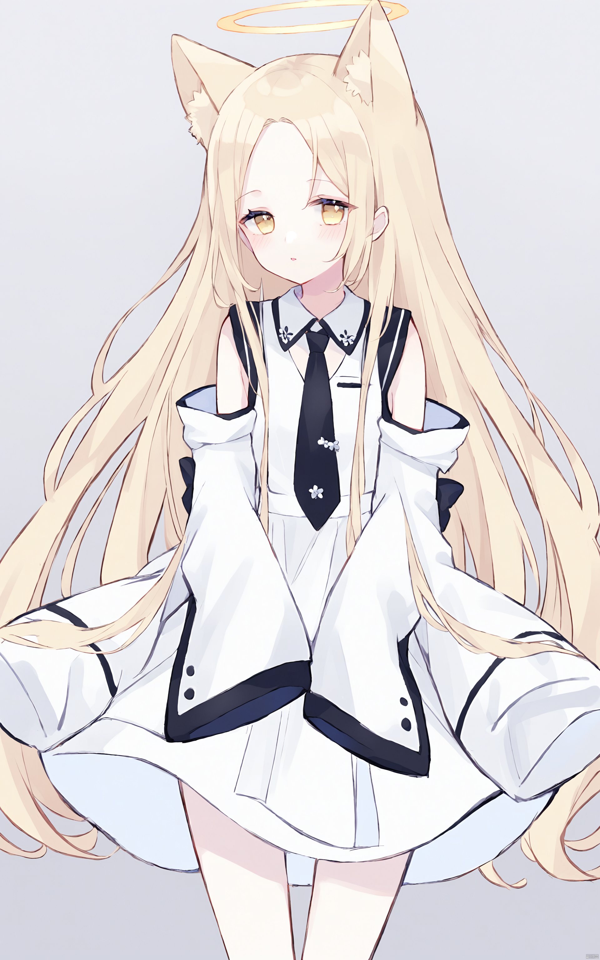  1girl, solo, animal ears, halo, dress, white dress, detached sleeves, long hair, parted bangs, looking at viewer, sleeveless, forehead, fox ears, bangs, sleeveless dress, yellow eyes, sleeves past wrists, blonde hair, sleeves past fingers, necktie, very long hair, bow