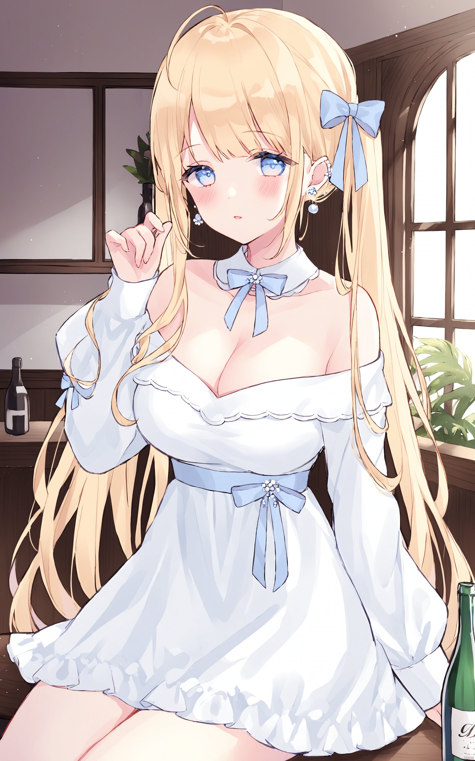 1girl, breasts, jewelry, solo, cleavage, dress, long hair, blonde hair, long sleeves, bare shoulders, blue eyes, earrings, looking at viewer, off-shoulder dress, white dress, hair bow, bow, off shoulder, indoors, large breasts, bottle, twintails, sitting, hand up, bangs, parted lips, window, collarbone, blush, very long hair, hair ornament, sidelocks, detached collar