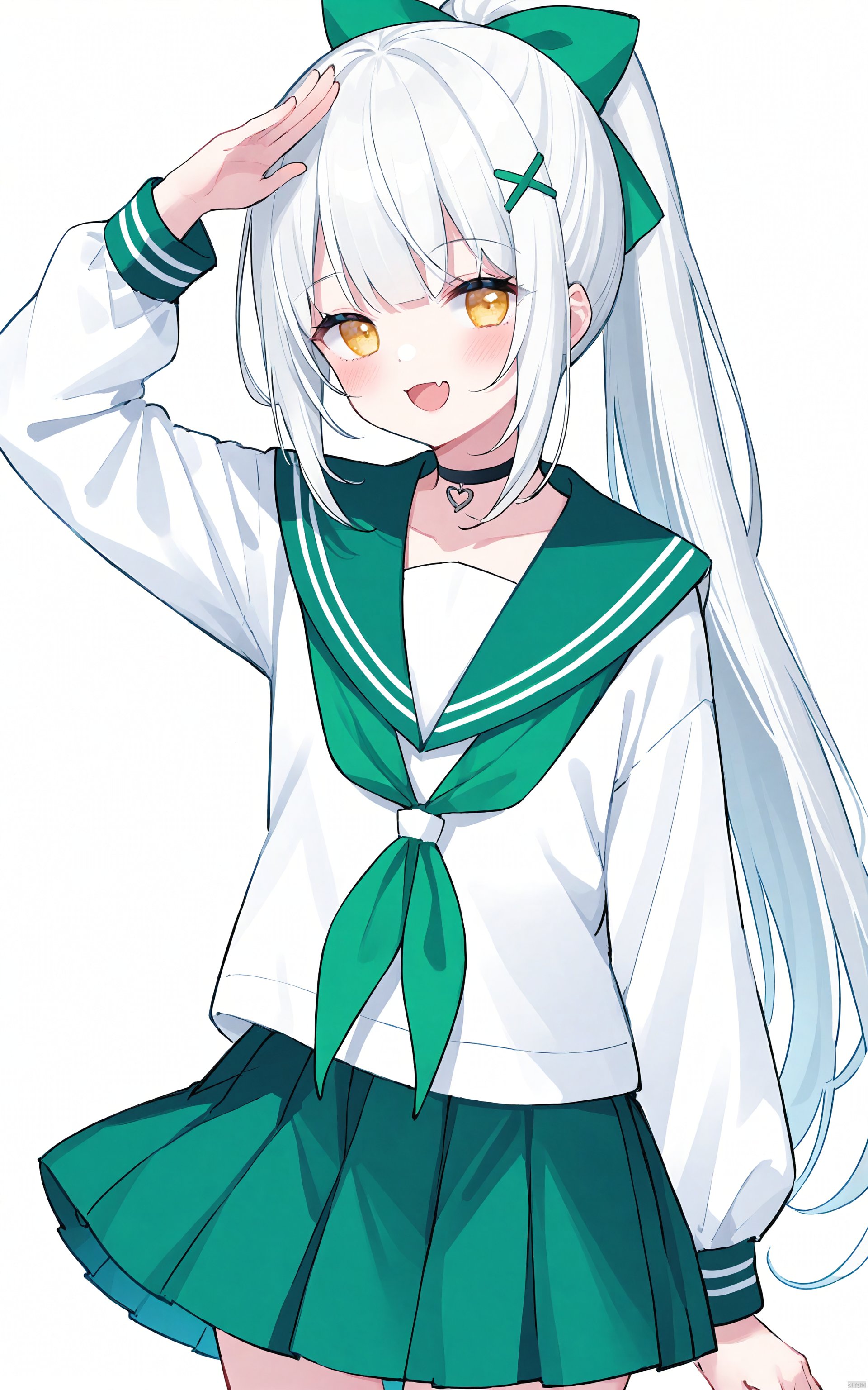  1girl, solo, skirt, long hair, hair ornament, sailor collar, smile, white background, looking at viewer, long sleeves, fang, simple background, neckerchief, choker, pleated skirt, shirt, skin fang, green skirt, white shirt, very long hair, bangs, ponytail, green sailor collar, :d, blush, yellow eyes, open mouth, white hair, virtual youtuber, arm up, green neckerchief, x hair ornament