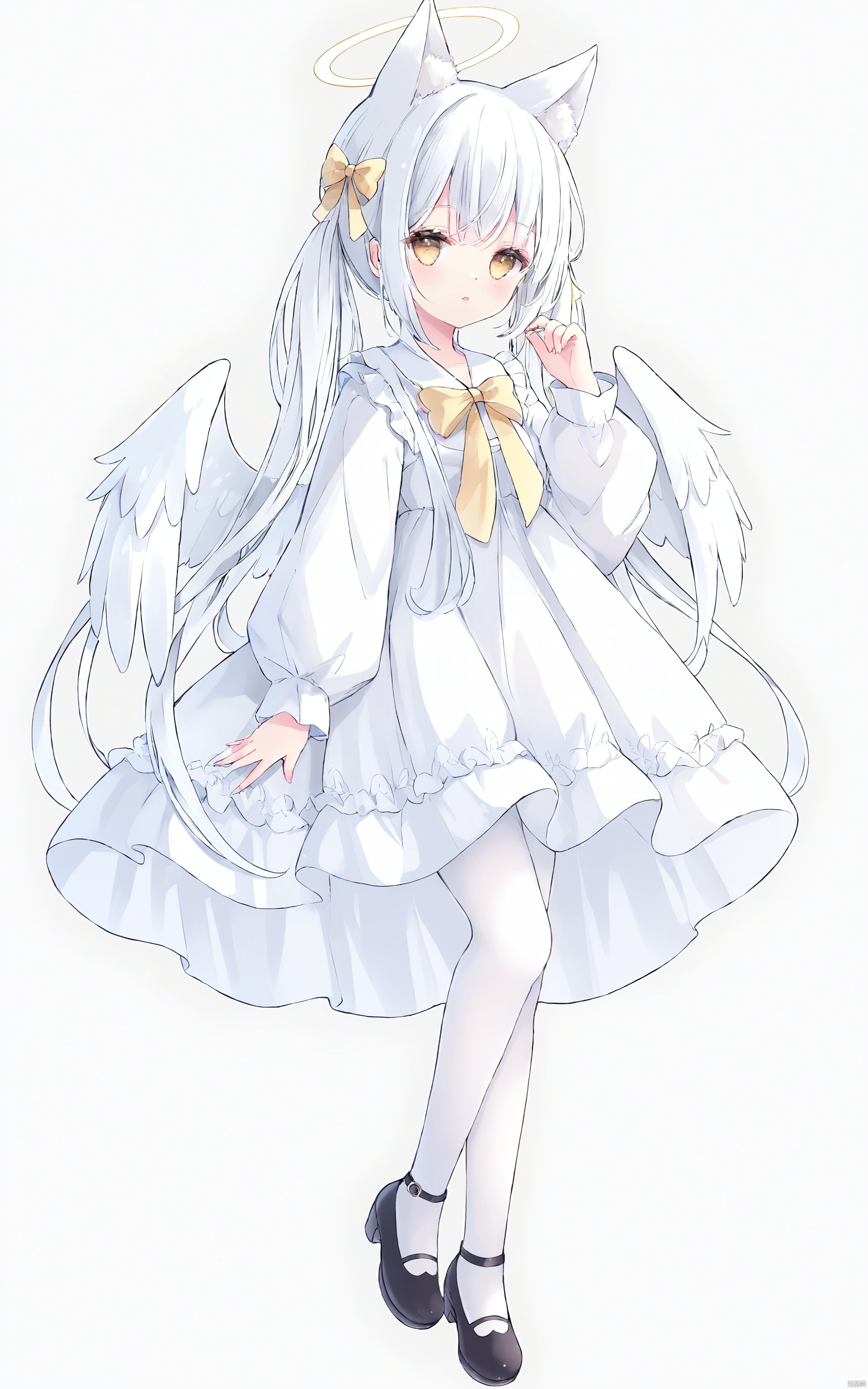 solo, 1girl, dress, white dress, black footwear, wings, shoes, long hair, halo, white background, pantyhose, long sleeves, white pantyhose, bow, looking at viewer, white wings, animal ear fluff, yellow eyes, bangs, animal ears, feathered wings, very long hair, parted lips, white hair, simple background, twintails, hair ornament, yellow bow, hand up, puffy sleeves, puffy long sleeves