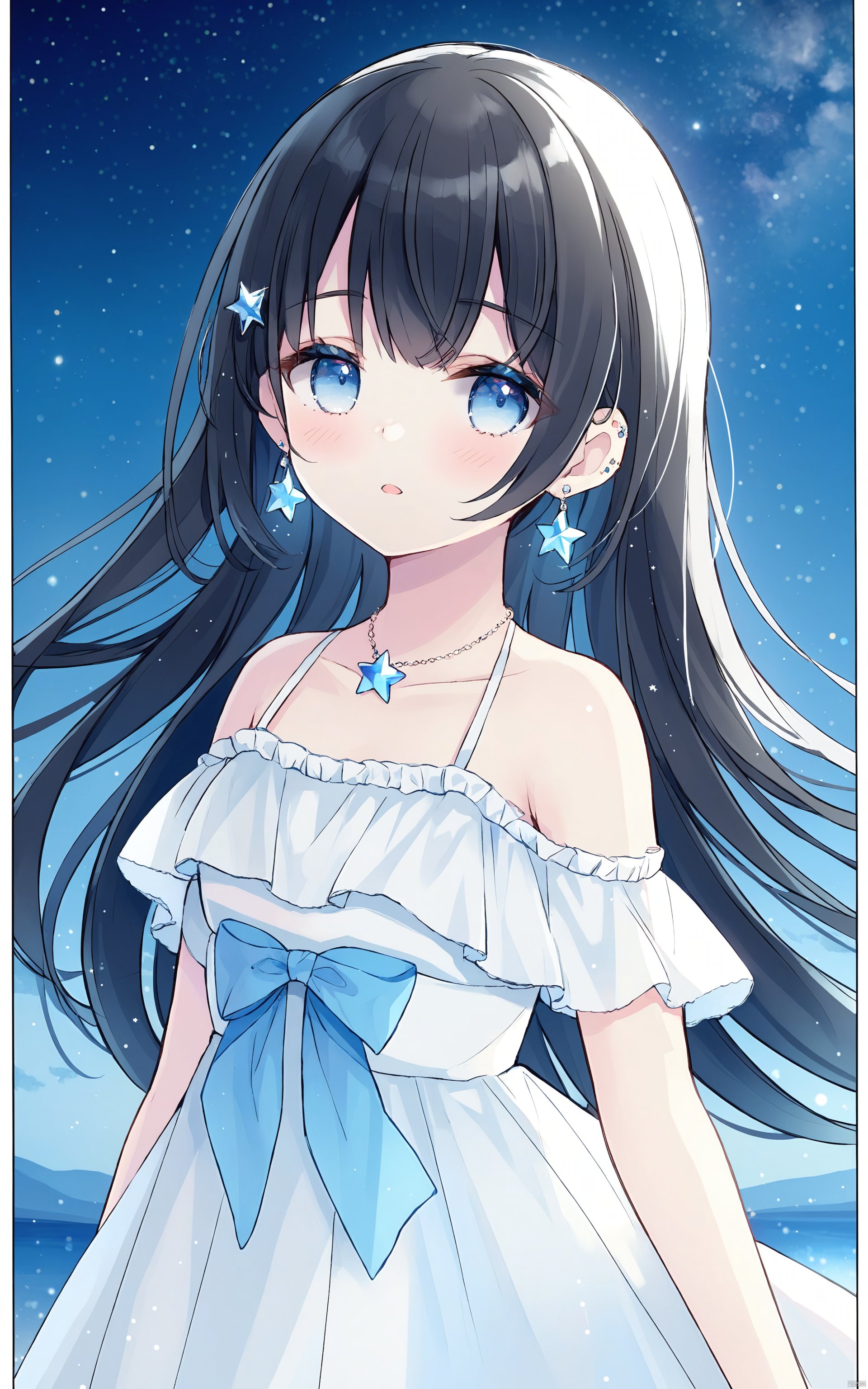 1girl, solo, jewelry, earrings, blue eyes, black hair, looking at viewer, long hair, sky, star \(symbol\), parted lips, star \(sky\), collarbone, bangs, dress, bare shoulders, starry sky, white dress, upper body, blush, star earrings, gem