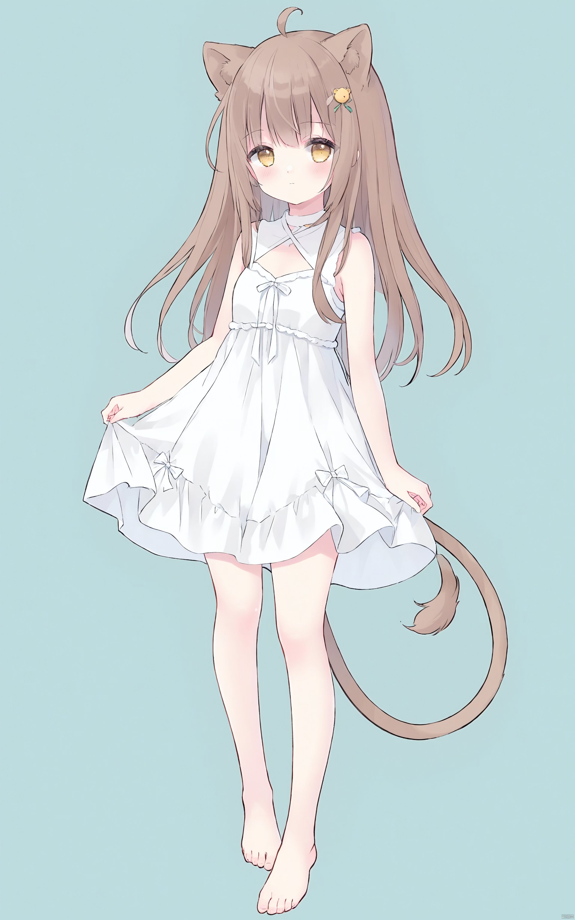 1girl, animal ears, tail, solo, virtual youtuber, dress, barefoot, lion tail, lion girl, lion ears, long hair, white dress, full body, sleeveless, ahoge, sleeveless dress, looking at viewer, yellow eyes, standing, blush, bangs, simple background, brown hair, closed mouth, toes