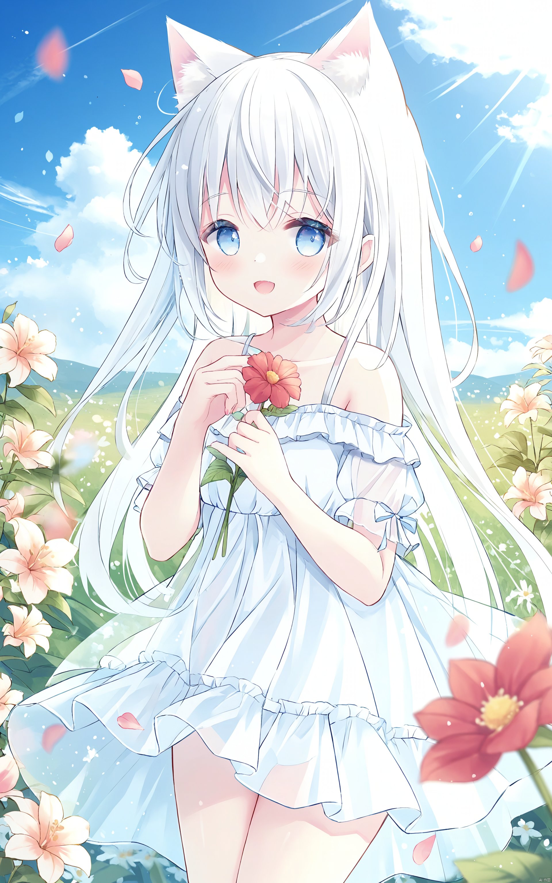 1girl, solo, flower, animal ears, dress, blue eyes, long hair, smile, white hair, outdoors, white dress, holding, holding flower, looking at viewer, sky, see-through, bangs, off-shoulder dress, :d, short sleeves, blue sky, day, cat ears, animal ear fluff, petals, blush, underwear, panties, open mouth