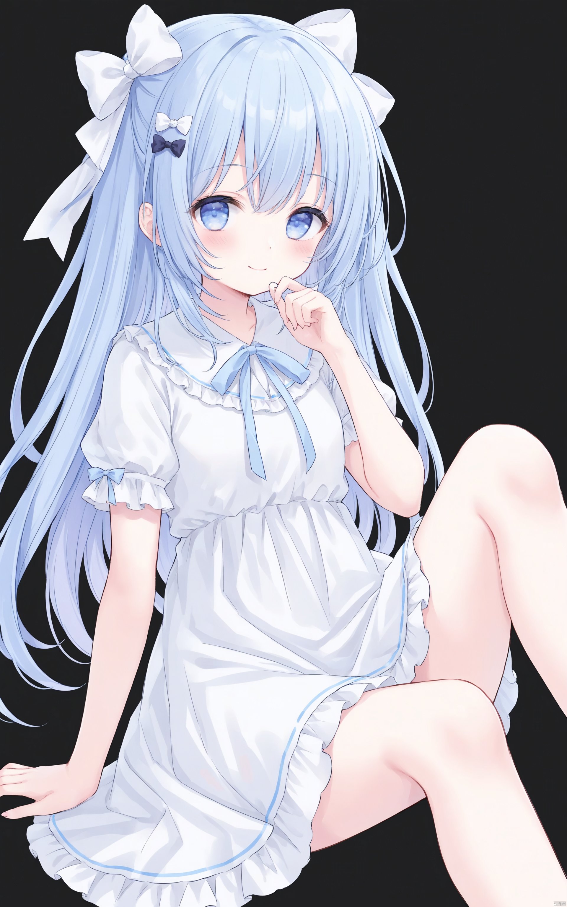  1girl, long hair, solo, blue eyes, kafuu chino, dress, blue hair, smile, hair bow, bow, hair ornament, sitting, white dress, ribbon, white background, knee up, hand on own knee, blush, simple background, short sleeves