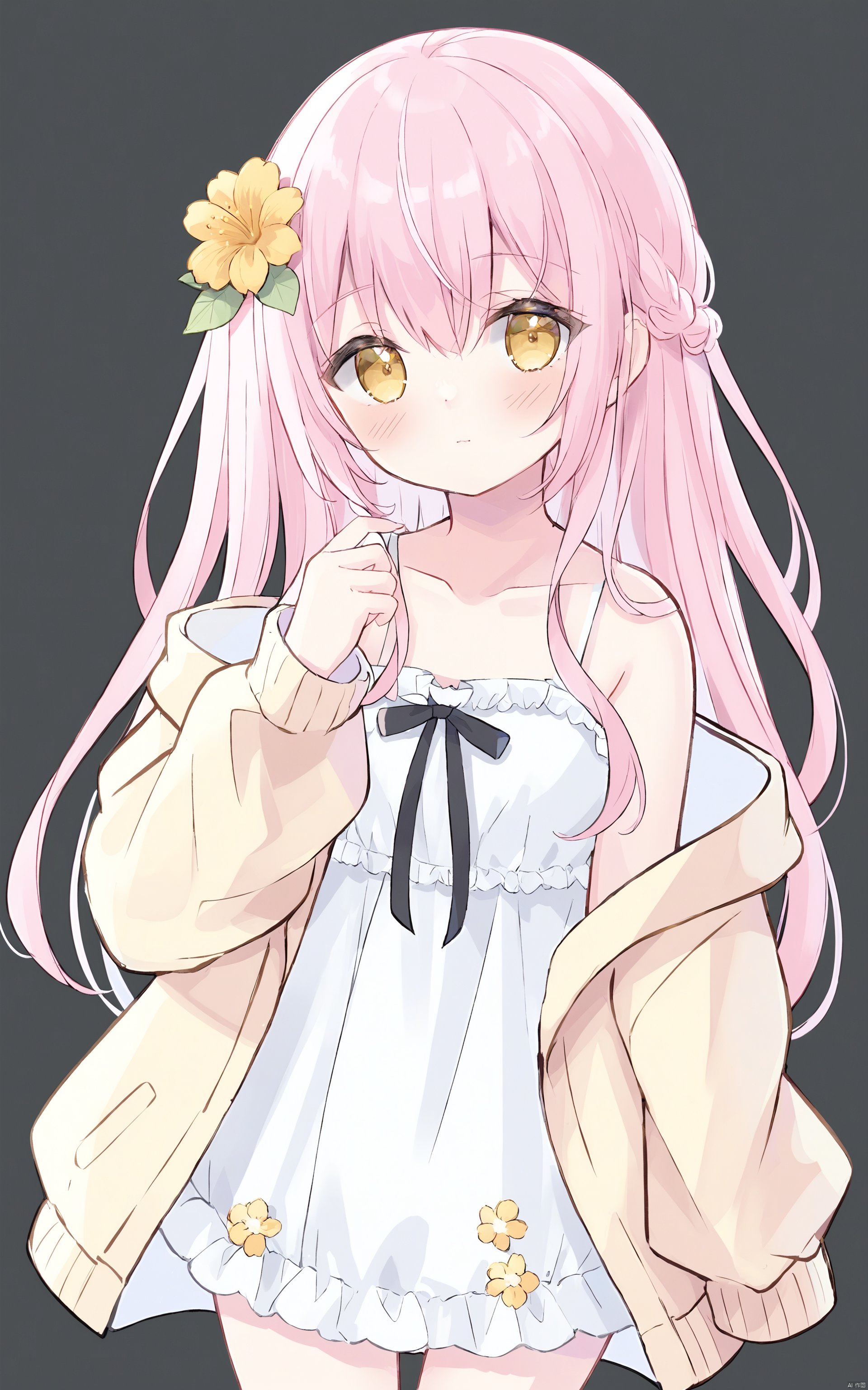 1girl, solo, dress, pink hair, white dress, long hair, hair flower, flower, hair ornament, looking at viewer, yellow eyes, bangs, closed mouth, blush, long sleeves, simple background, yellow flower, jacket, bow, off shoulder, open clothes, hair between eyes, open jacket