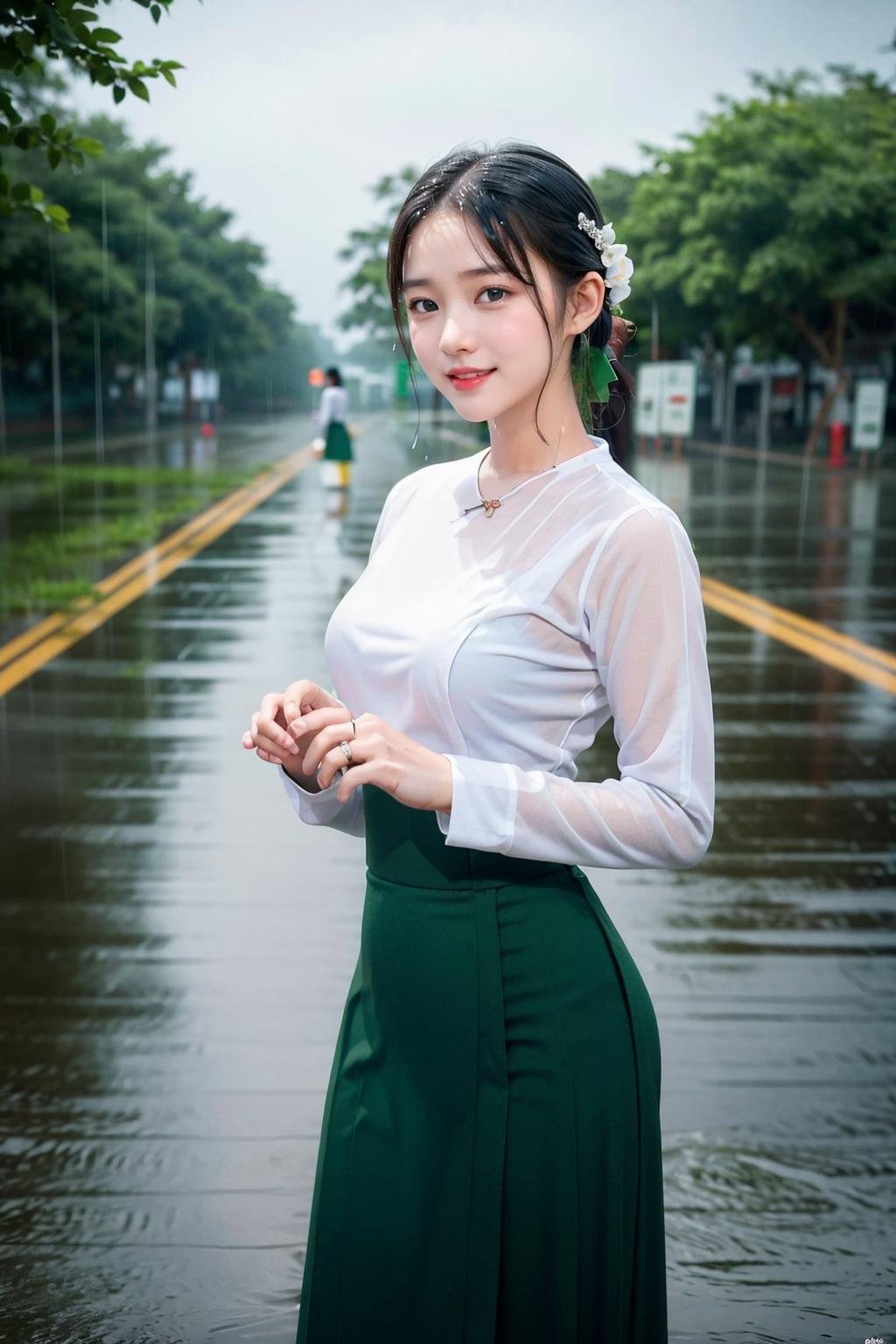 <lora:mm_teacher:1>,(mmteacher person),1girl,smile,solo,black hair,white shirt,green dress,long sleeves,long skirt,looking at viewer,hair ornament,ring,realistic,bracelet,((raining)),rain,wet road,reflection,night,neon lights,wet clothes,