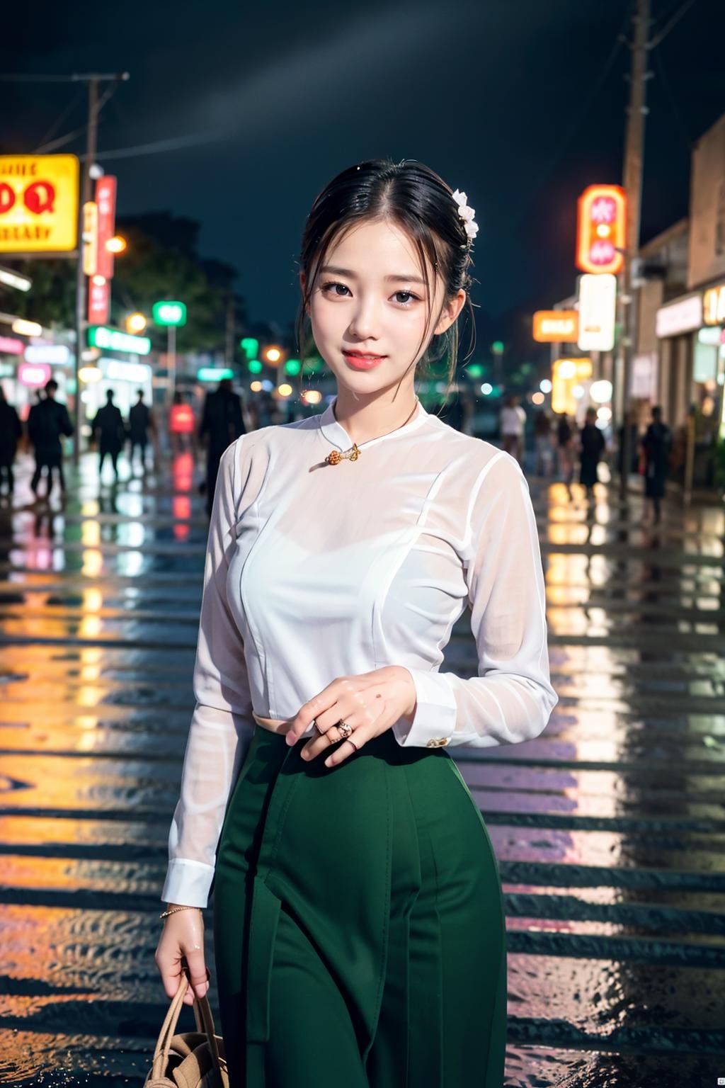 <lora:mm_teacher:1>,(mmteacher person),1girl,smile,solo,black hair,white shirt,green dress,long sleeves,long skirt,looking at viewer,hair ornament,ring,realistic,bracelet,((raining)),rain,wet street,reflection,night,neon lights,wet clothes, crowd, road sign, 