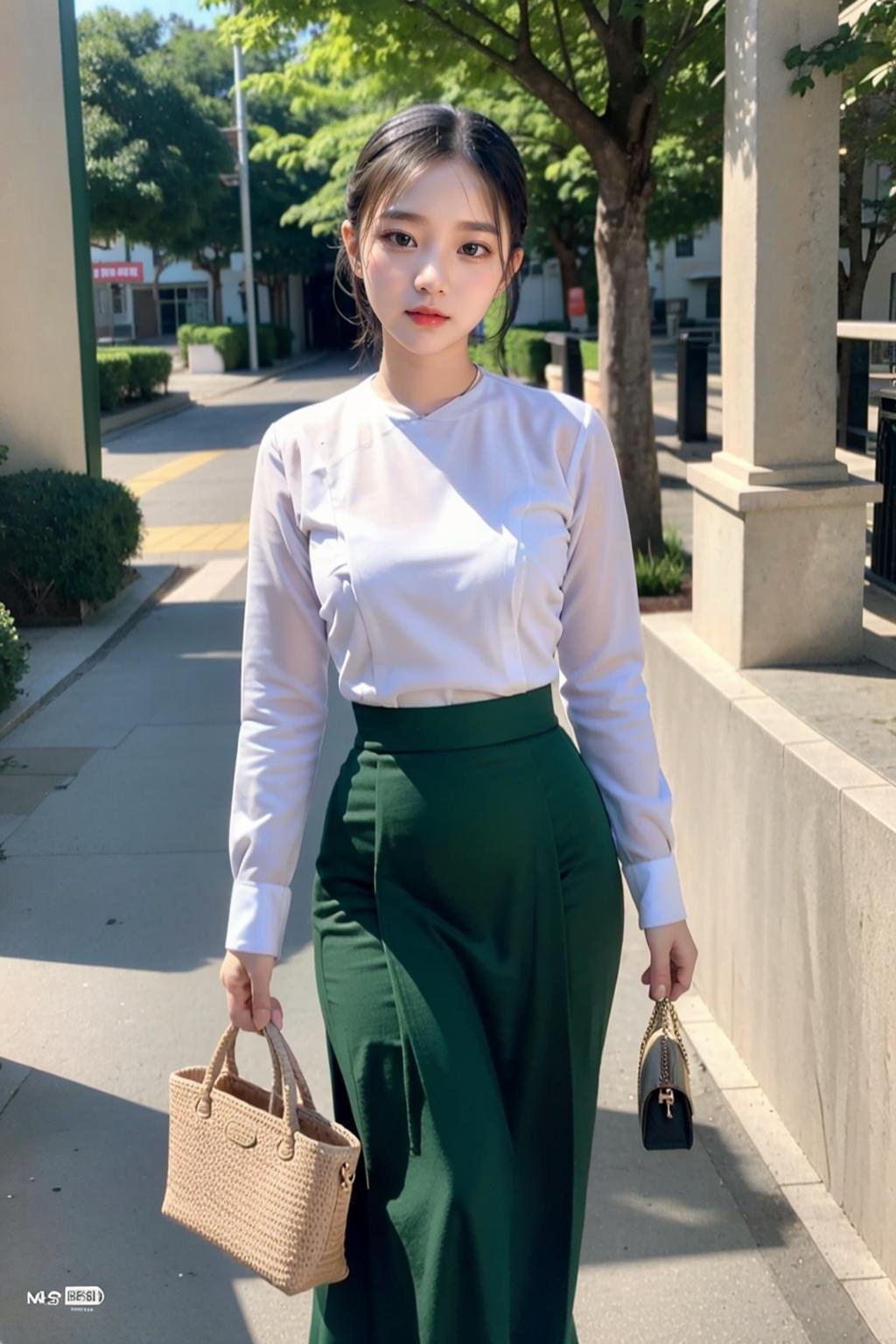 <lora:mm_teacher:1>,mmteacher person,1girl,solo,shirt,black hair,white shirt,green skirt,dress,photo background,holding,long sleeves,looking at viewer,long skirt,handbag,