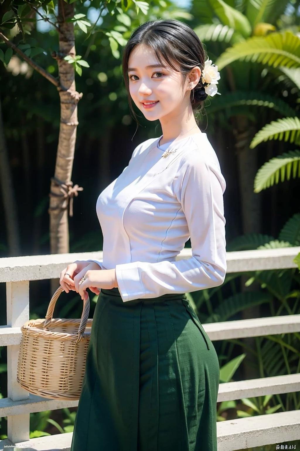 <lora:mm_teacher:1>,(mmteacher person),1girl,smile,solo,black hair,white shirt,green dress,long sleeves,long skirt,basket,looking at viewer,hair ornament,ring,realistic,bracelet,