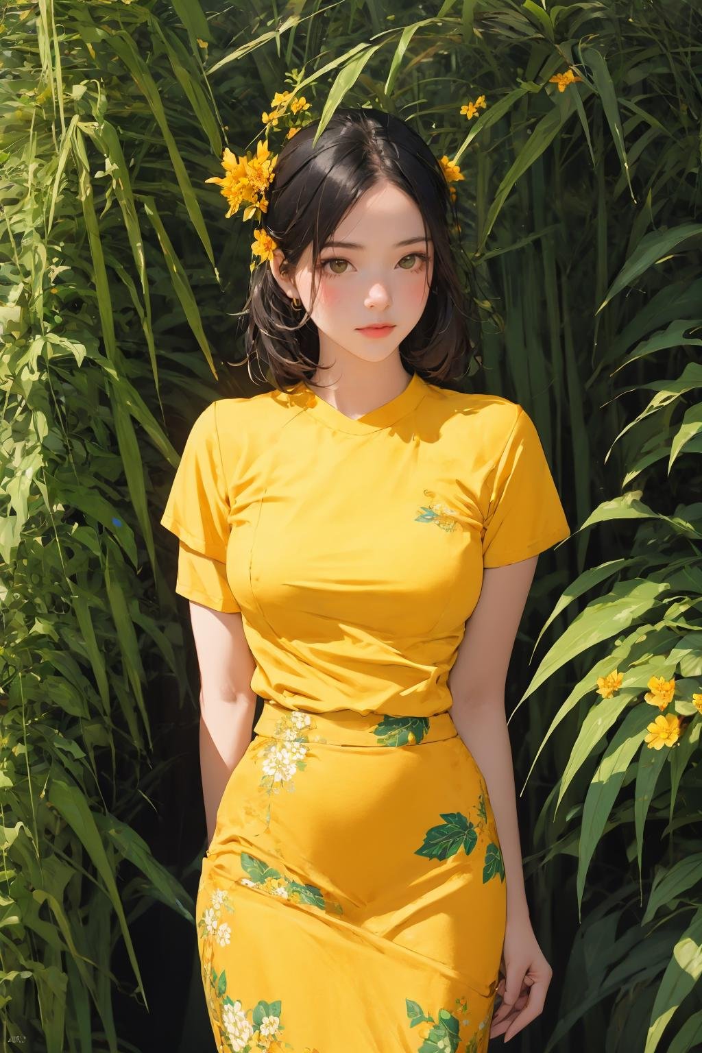 <lora:Myanmar_Thingyan_Costume:0.9>,mm_thingyan,masterpiece,realistic,absurdres,high quality, 1girl, solo, shirt, black hair, skirt, flower, floral print, yellow shirt, plant, short sleeves