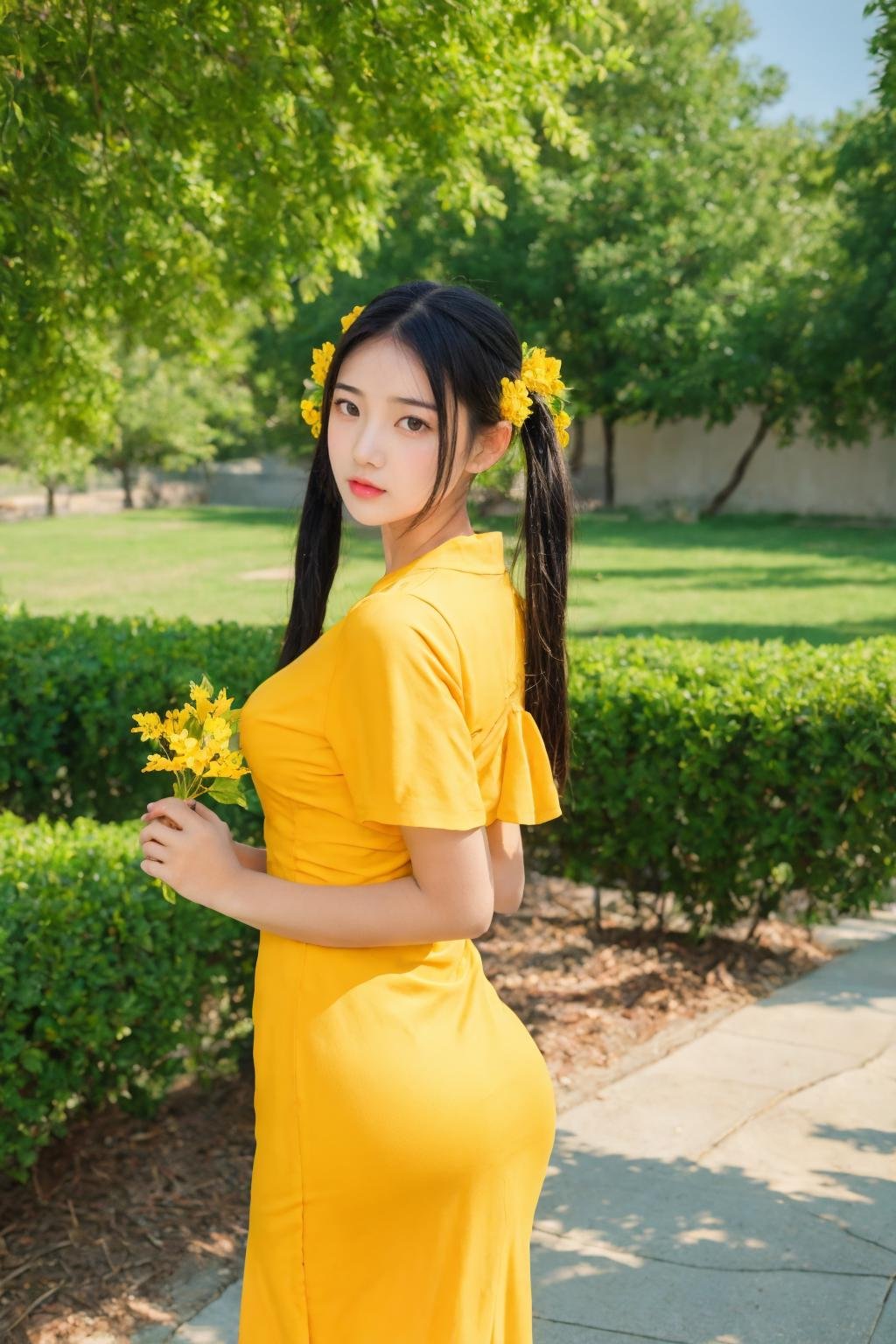 1girl, dress, solo, black hair, flower, outdoors, twintails, holding, looking at viewer, yellow dress <lora:Myanmar_Thingyan_Costume:0.9>,mm_thingyan,masterpiece,realistic,absurdres, high quality, 