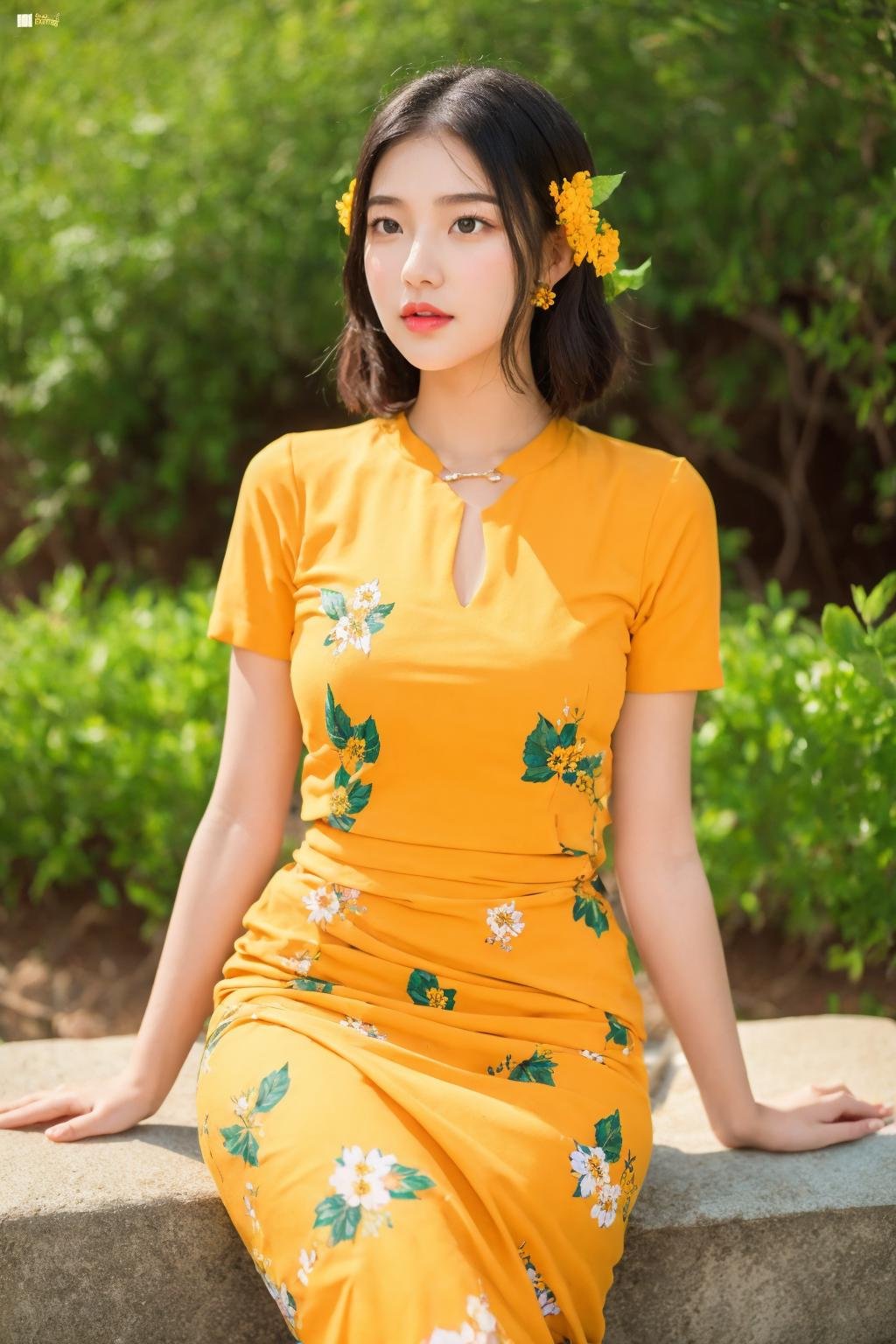 1girl, solo, flower, sitting, jewelry, black hair, looking at viewer, floral print, dress, hair ornament <lora:Myanmar_Thingyan_Costume:0.9>,mm_thingyan,masterpiece,realistic,absurdres, high quality, 