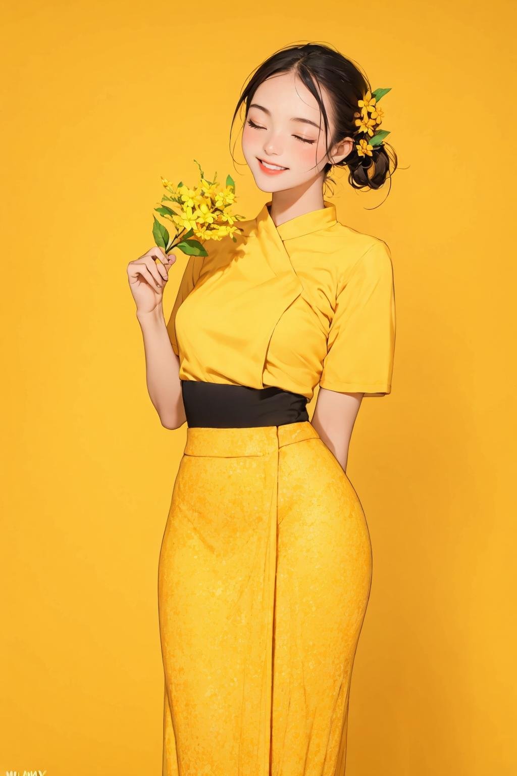 <lora:Myanmar_Thingyan_Costume:0.9>,mm_thingyan,masterpiece,realistic,absurdres,high quality, 1girl, solo, flower, closed eyes, smile, simple background, holding flower, skirt, yellow flower, holding