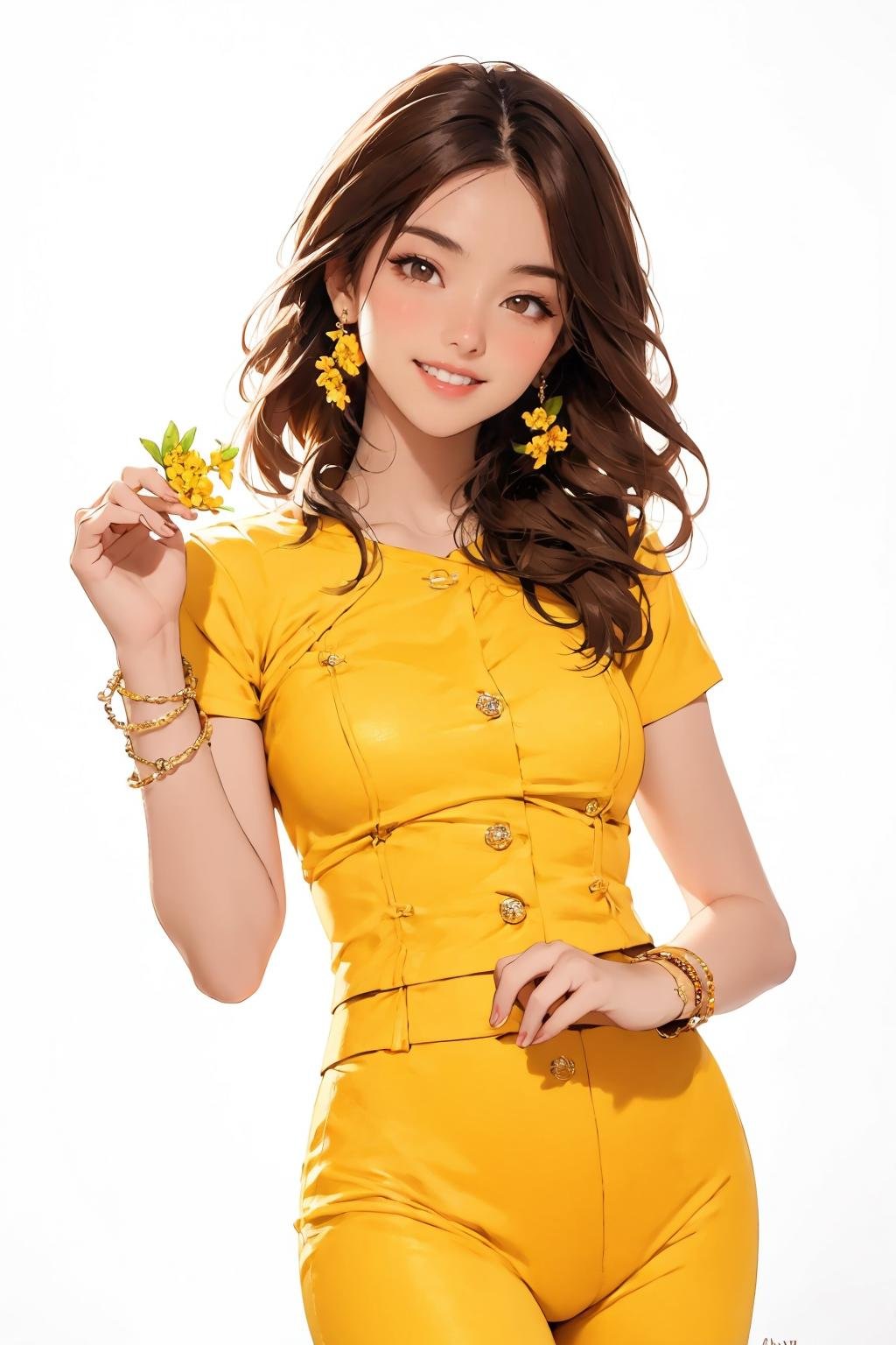 <lora:Myanmar_Thingyan_Costume:0.9>,mm_thingyan,masterpiece,realistic,absurdres,high quality, 1girl, solo, flower, brown hair, jewelry, smile, simple background, white background, bracelet, pants